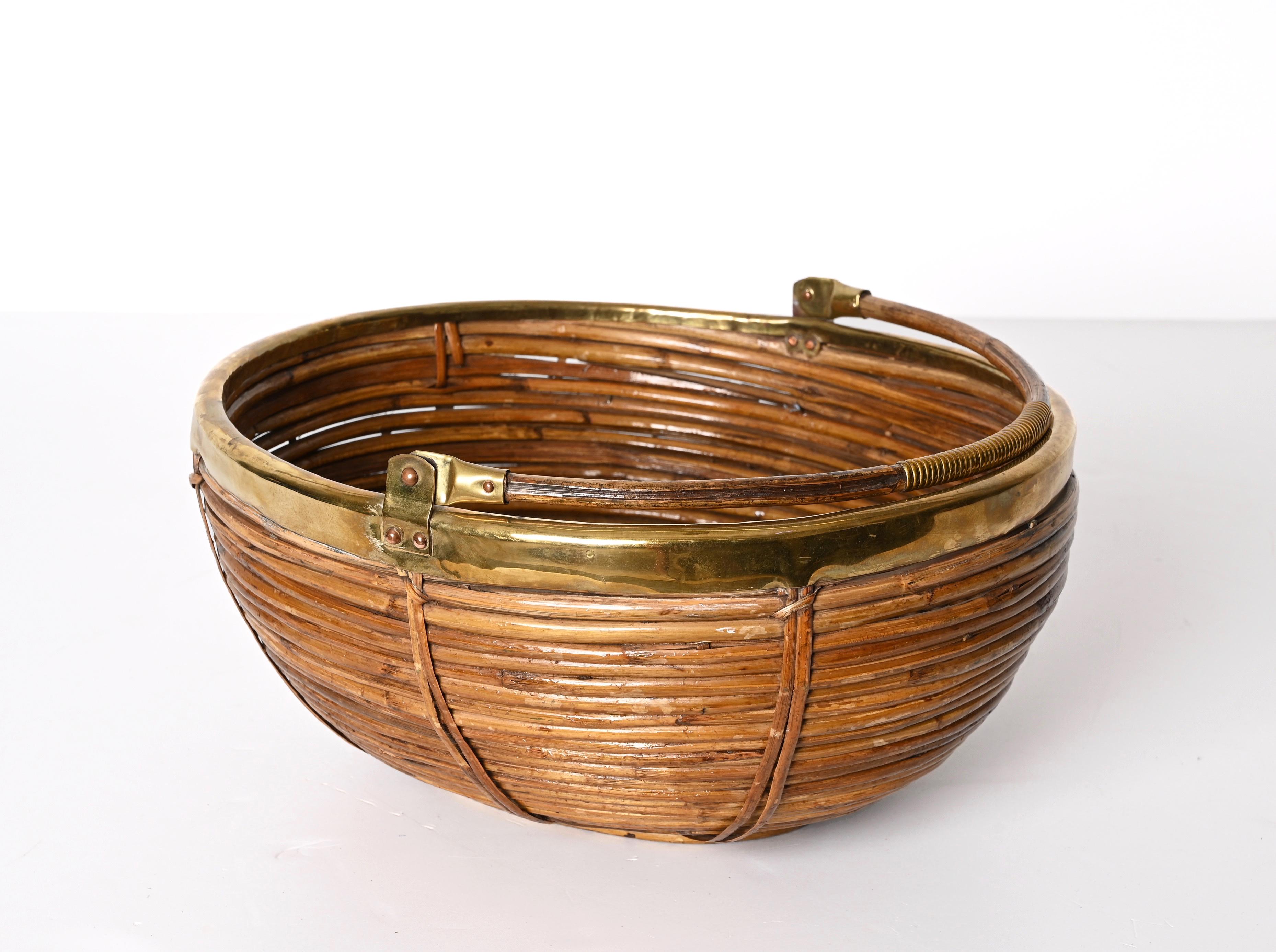 Midcentury Rattan and Brass Italian Decorative Centerpiece Basket, 1970s 13