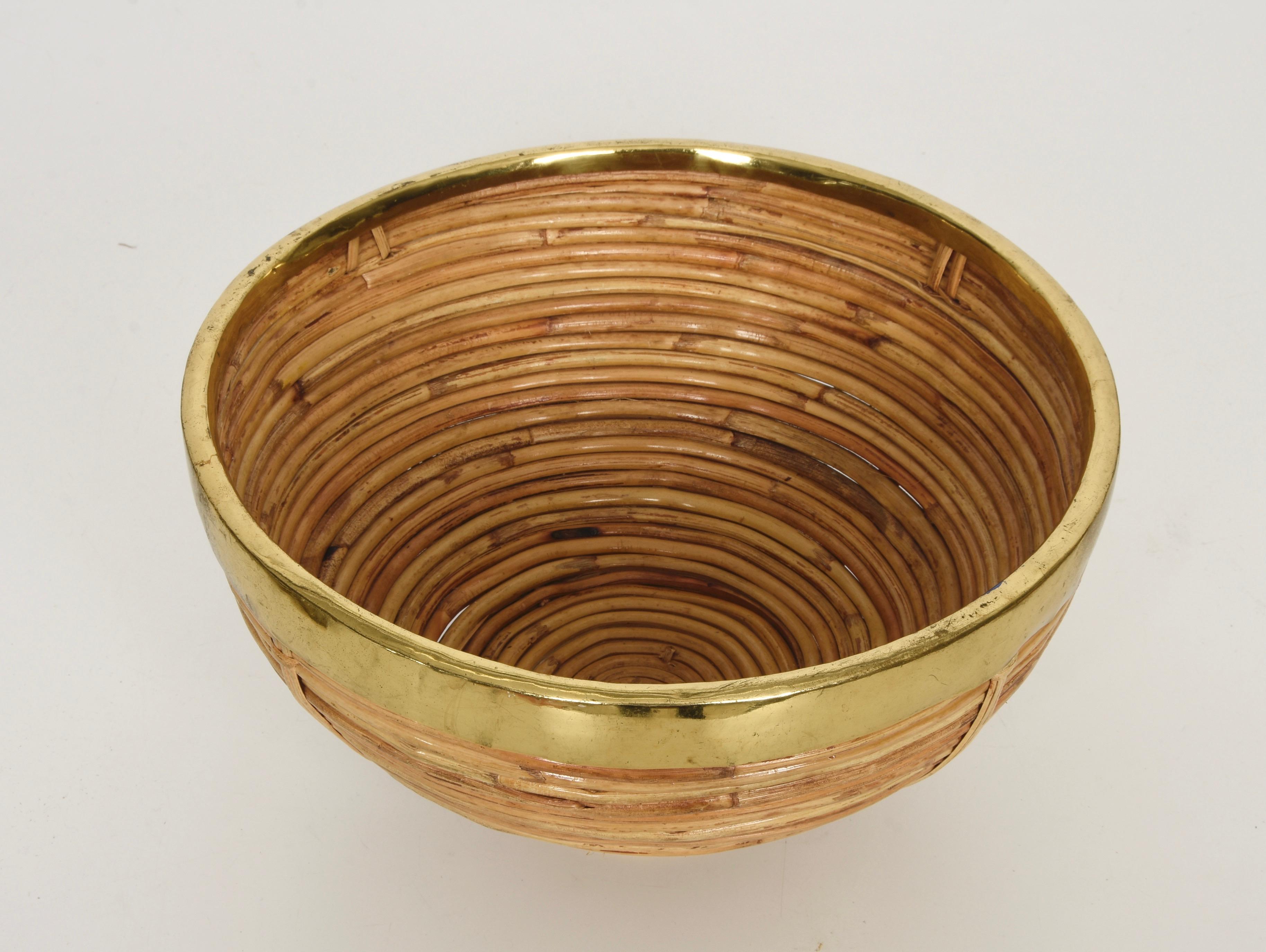 Mid-Century Modern Midcentury Rattan and Brass Italian Decorative Centerpiece Basket, 1970s