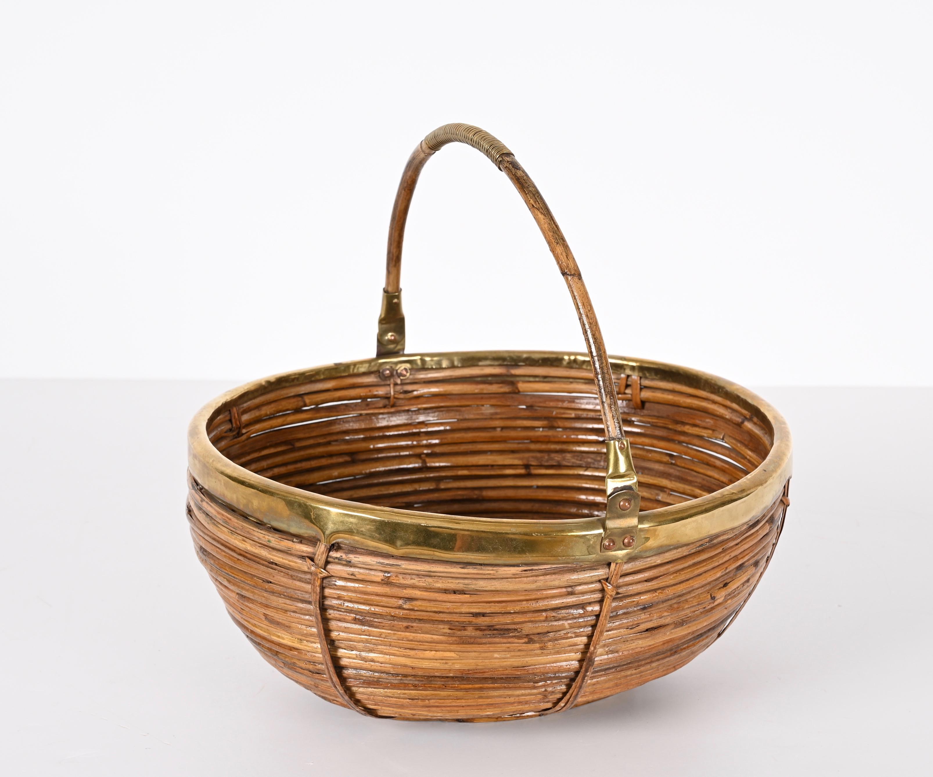 European Midcentury Rattan and Brass Italian Decorative Centerpiece Basket, 1970s