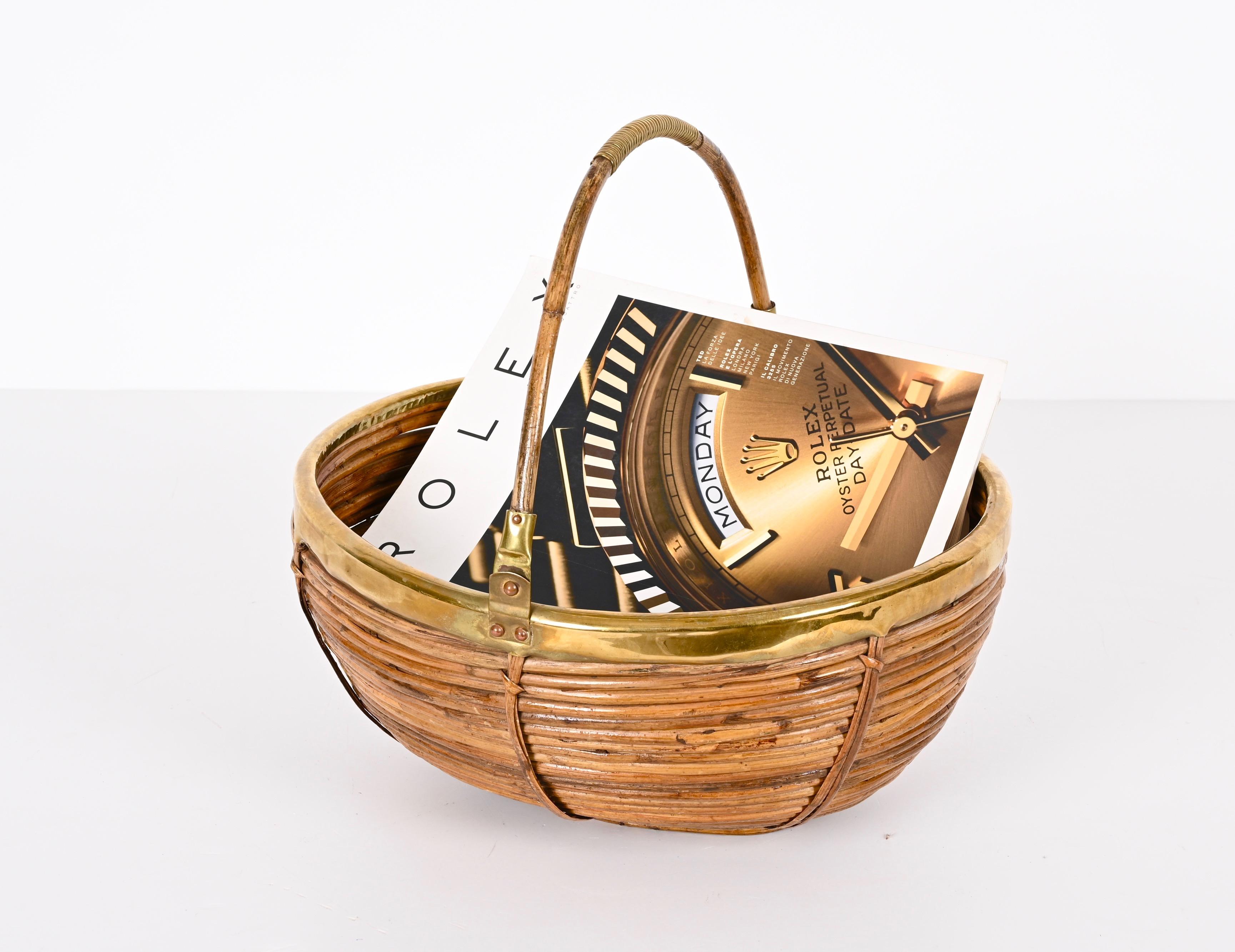 Midcentury Rattan and Brass Italian Decorative Centerpiece Basket, 1970s 1