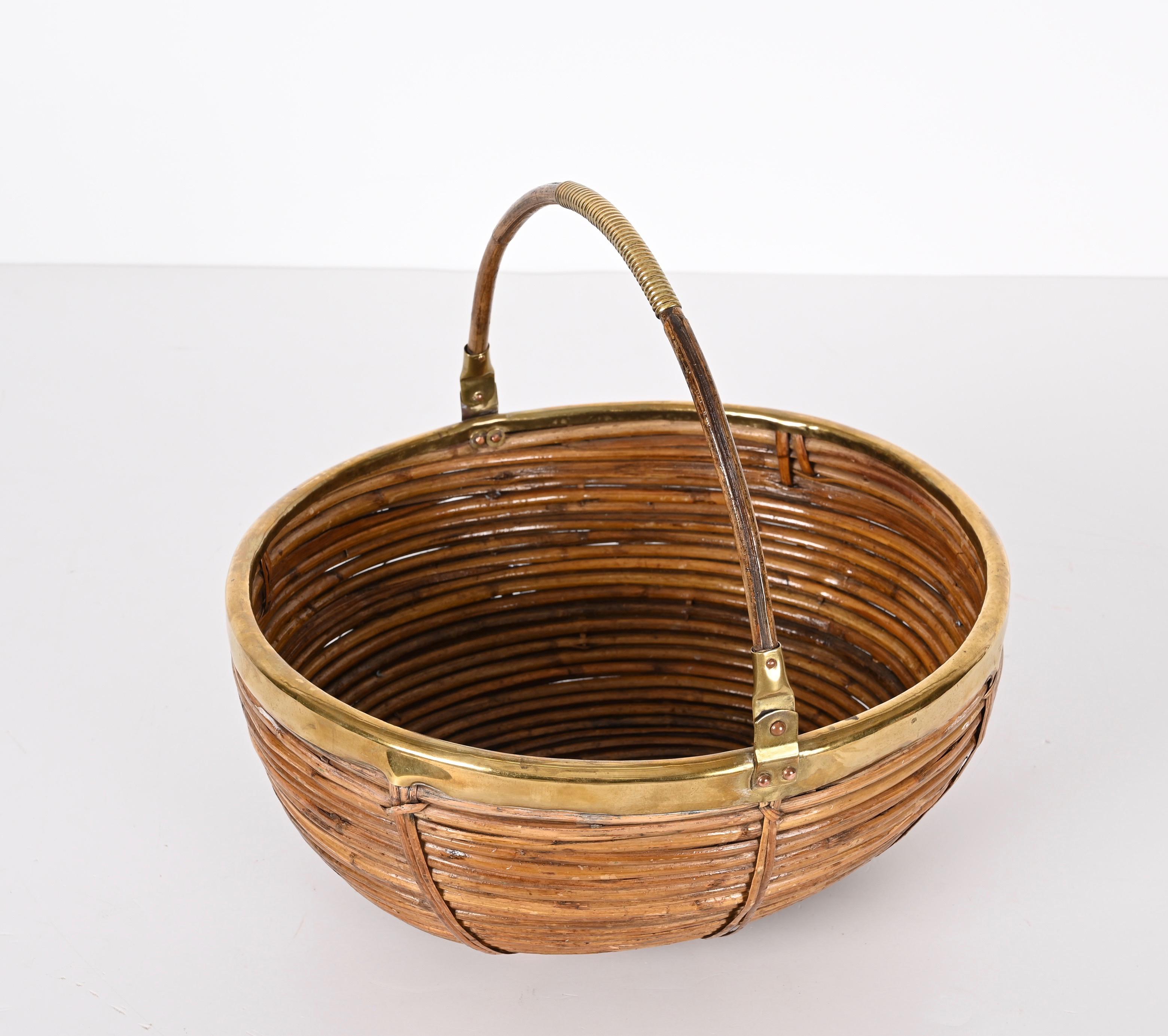 Midcentury Rattan and Brass Italian Decorative Centerpiece Basket, 1970s 2