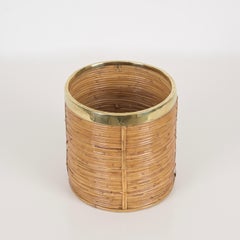 Midcentury Rattan and Brass Planter or Decorative Basket, Italy 1970s