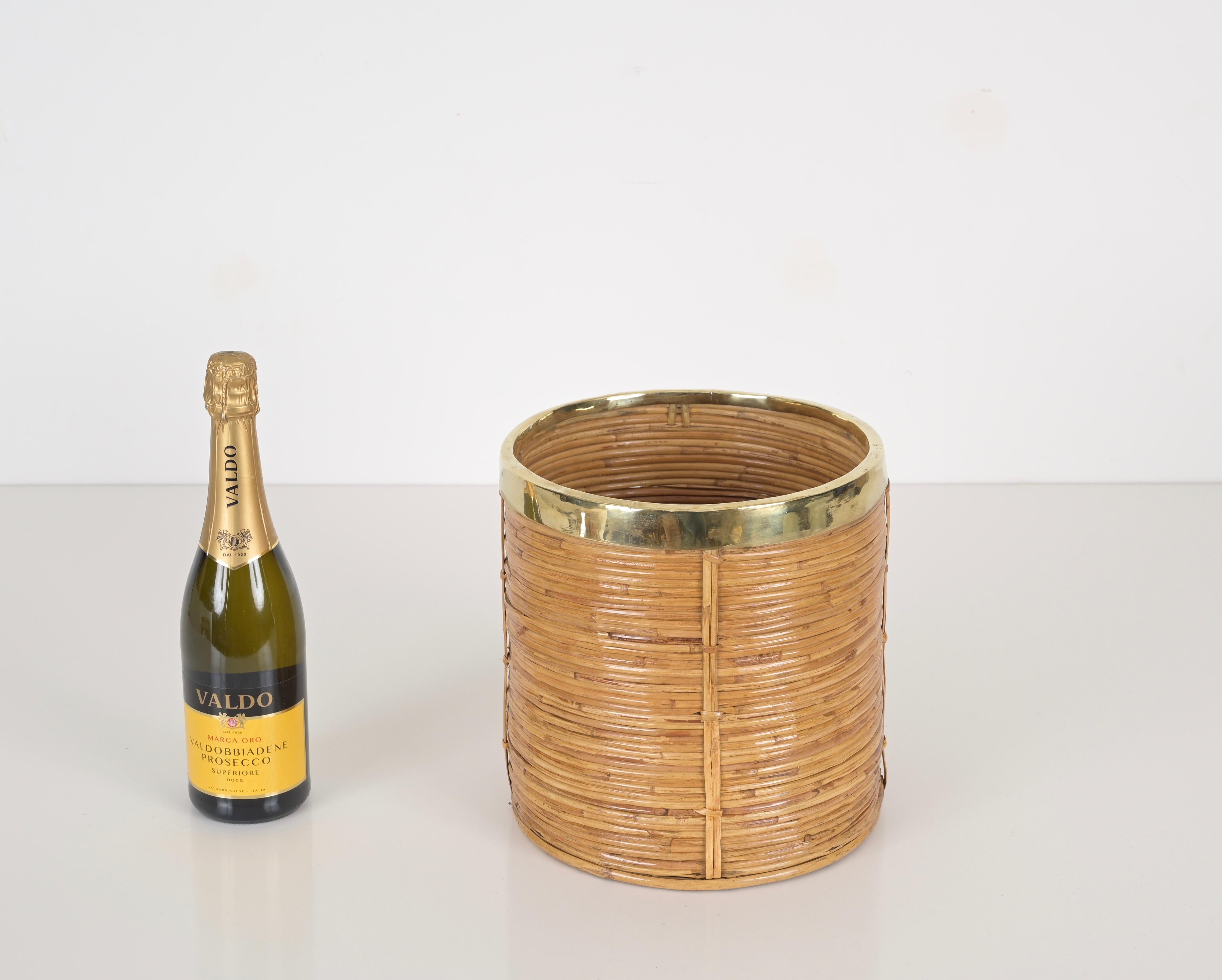 Mid-Century Modern Midcentury Rattan and Brass Planter or Decorative Basket, Italy 1970s For Sale