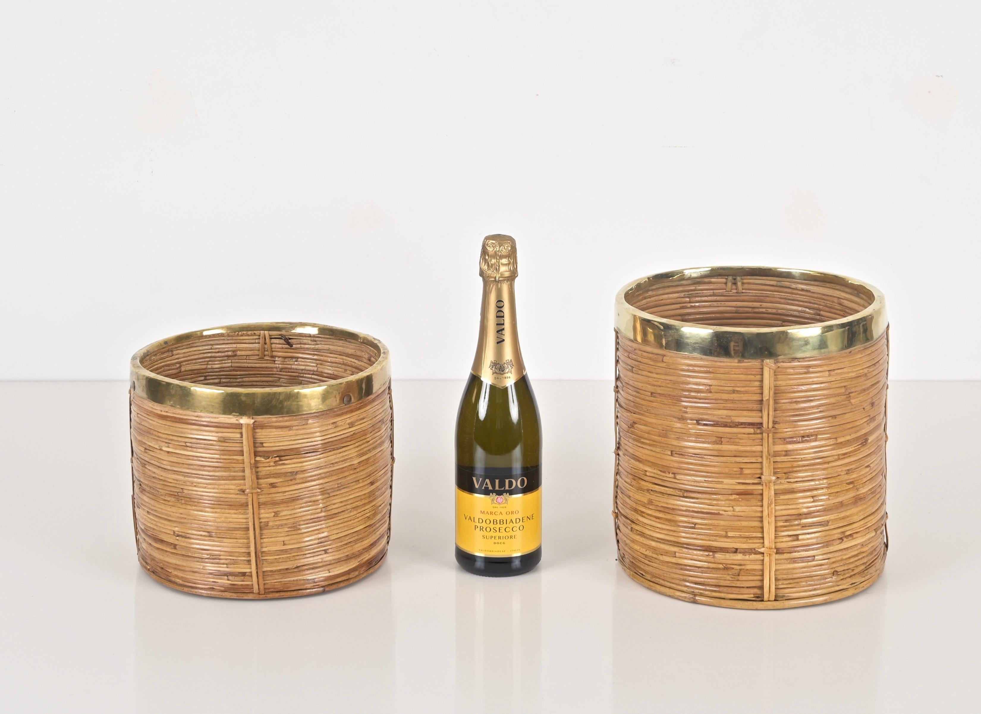Italian Midcentury Rattan and Brass Planter or Decorative Basket, Italy 1970s For Sale
