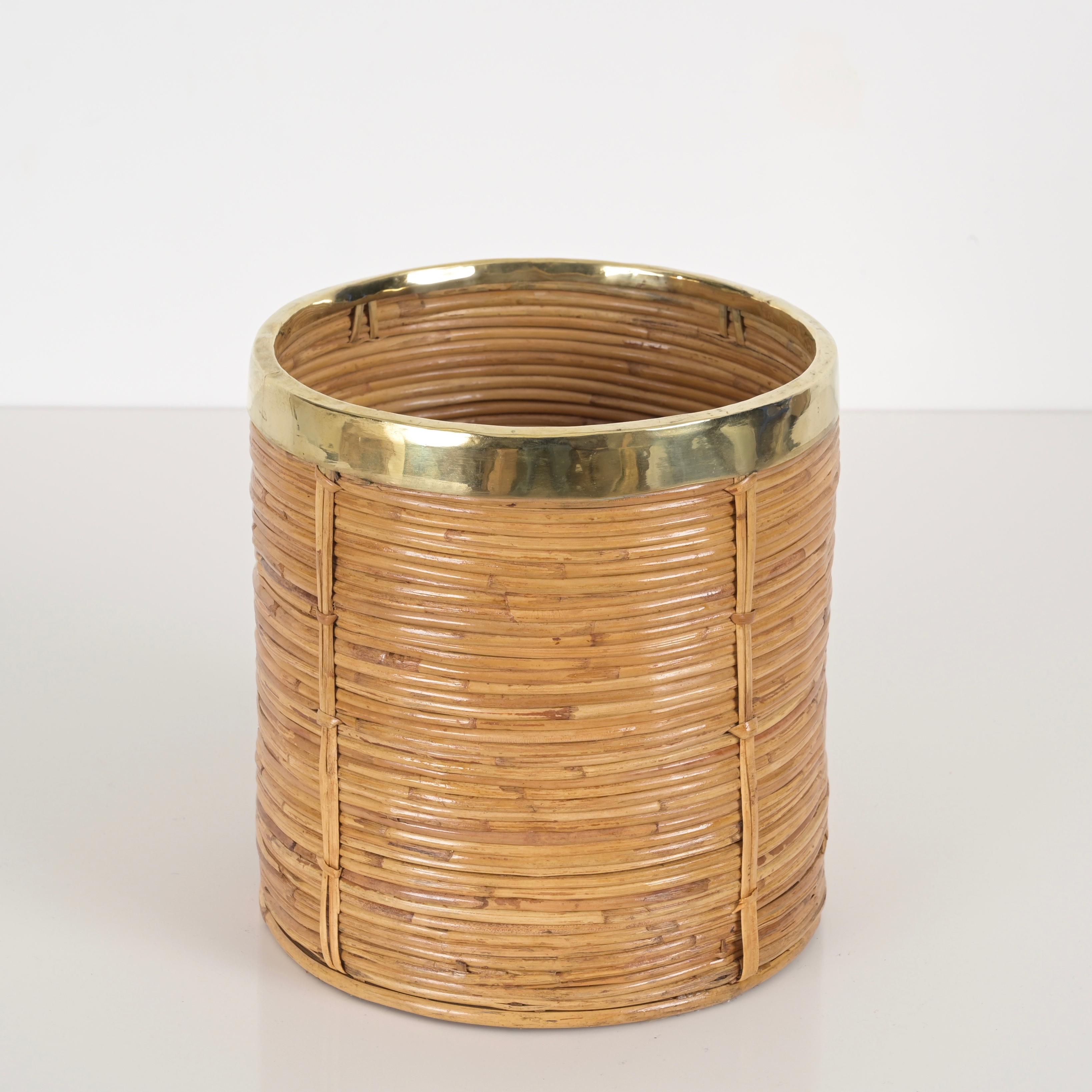 20th Century Midcentury Rattan and Brass Planter or Decorative Basket, Italy 1970s For Sale