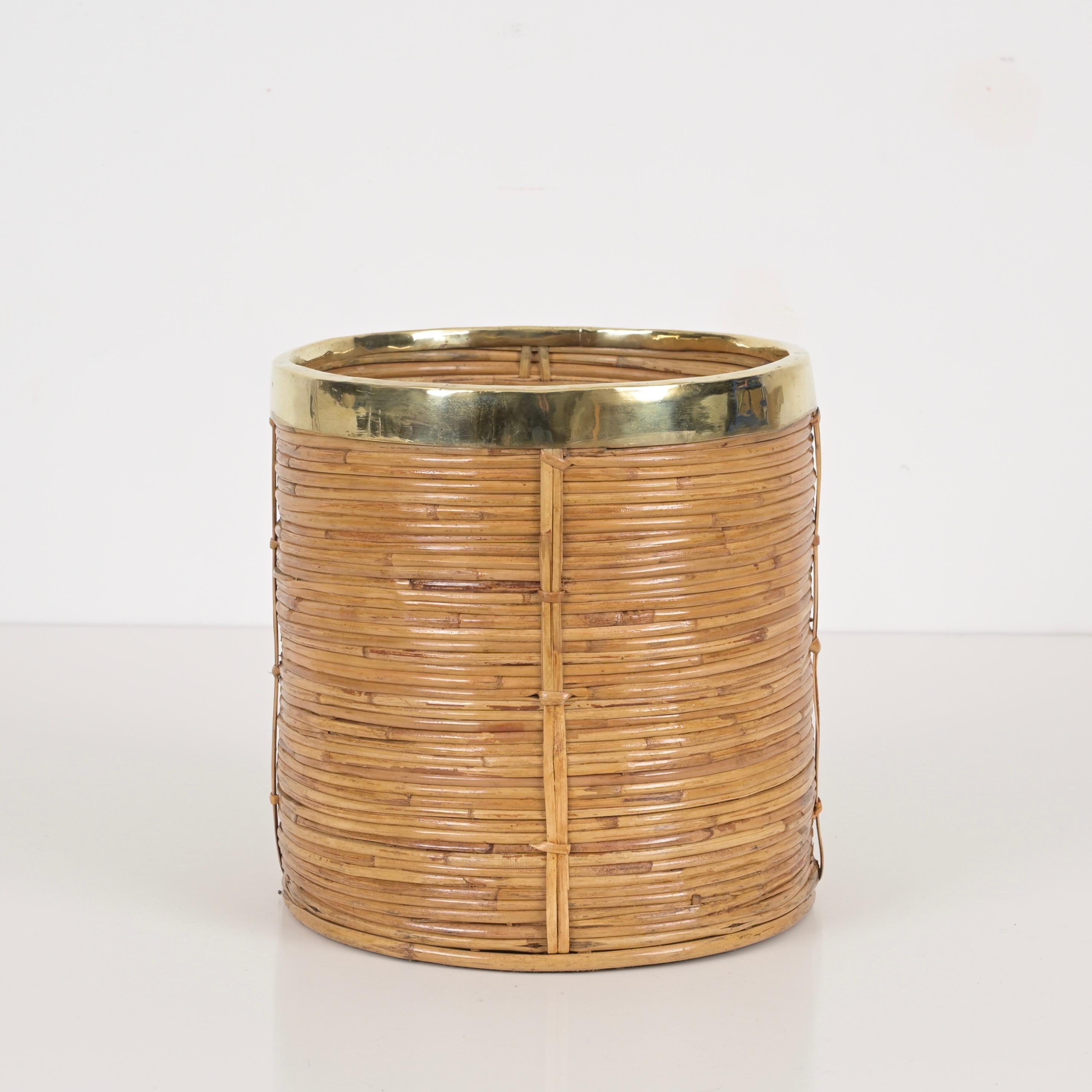 Metal Midcentury Rattan and Brass Planter or Decorative Basket, Italy 1970s For Sale