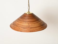Midcentury Rattan and Brass Round Italian Pendant, Gabriella Crespi Style, 1960s