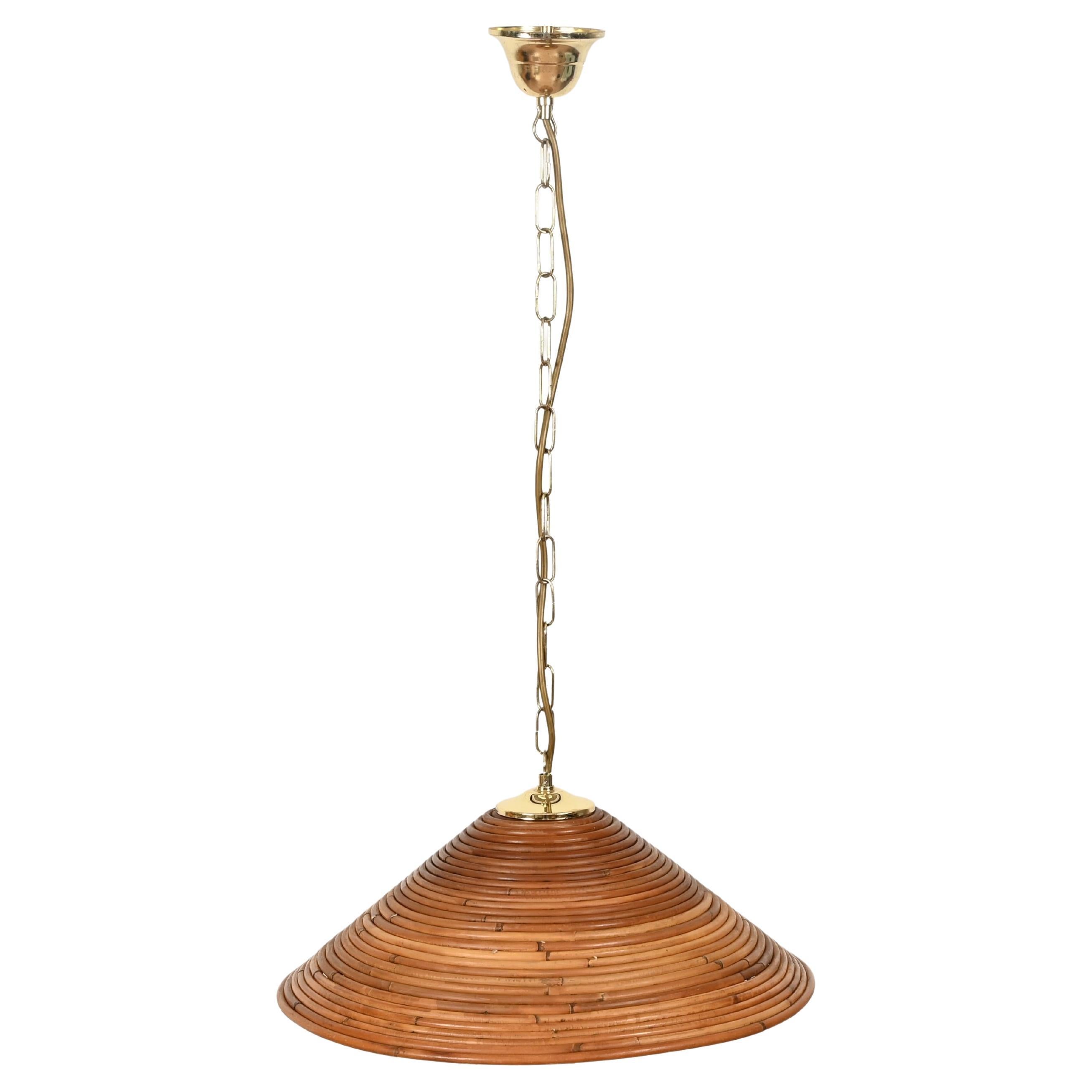 Midcentury Rattan and Brass Round Italian Pendant, 1960s
