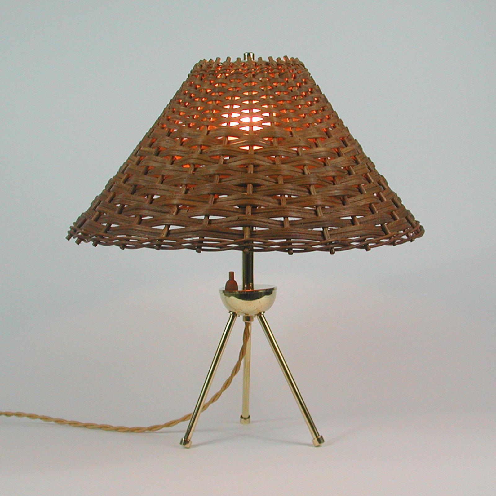 Midcentury Rattan and Brass Table Lamp, Germany 1950s 12