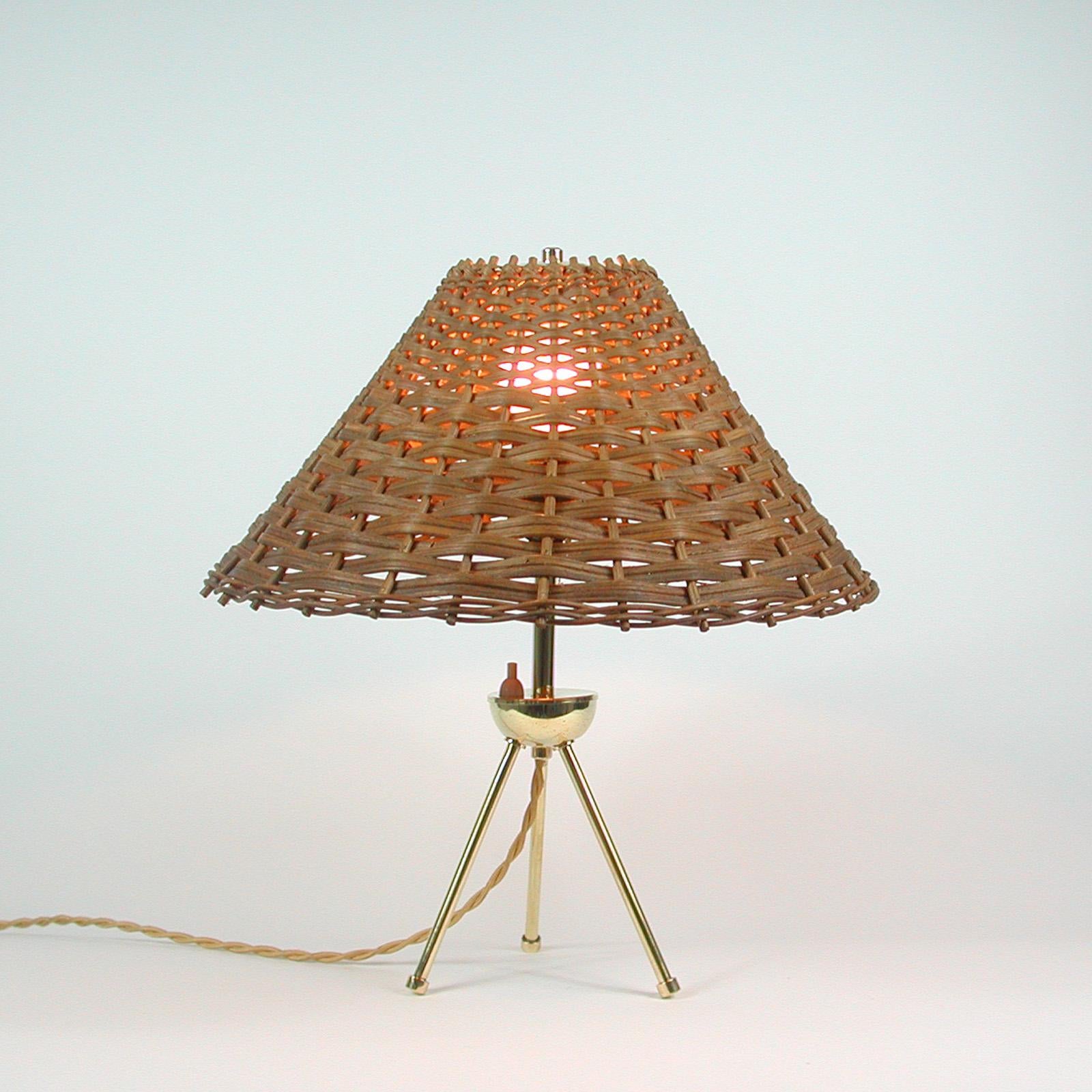 Mid-Century Modern Midcentury Rattan and Brass Table Lamp, Germany 1950s