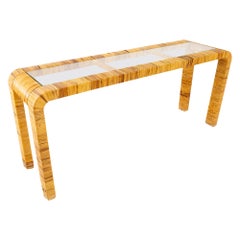 Midcentury Rattan and Glass Sofa Foyer Entry Console Table
