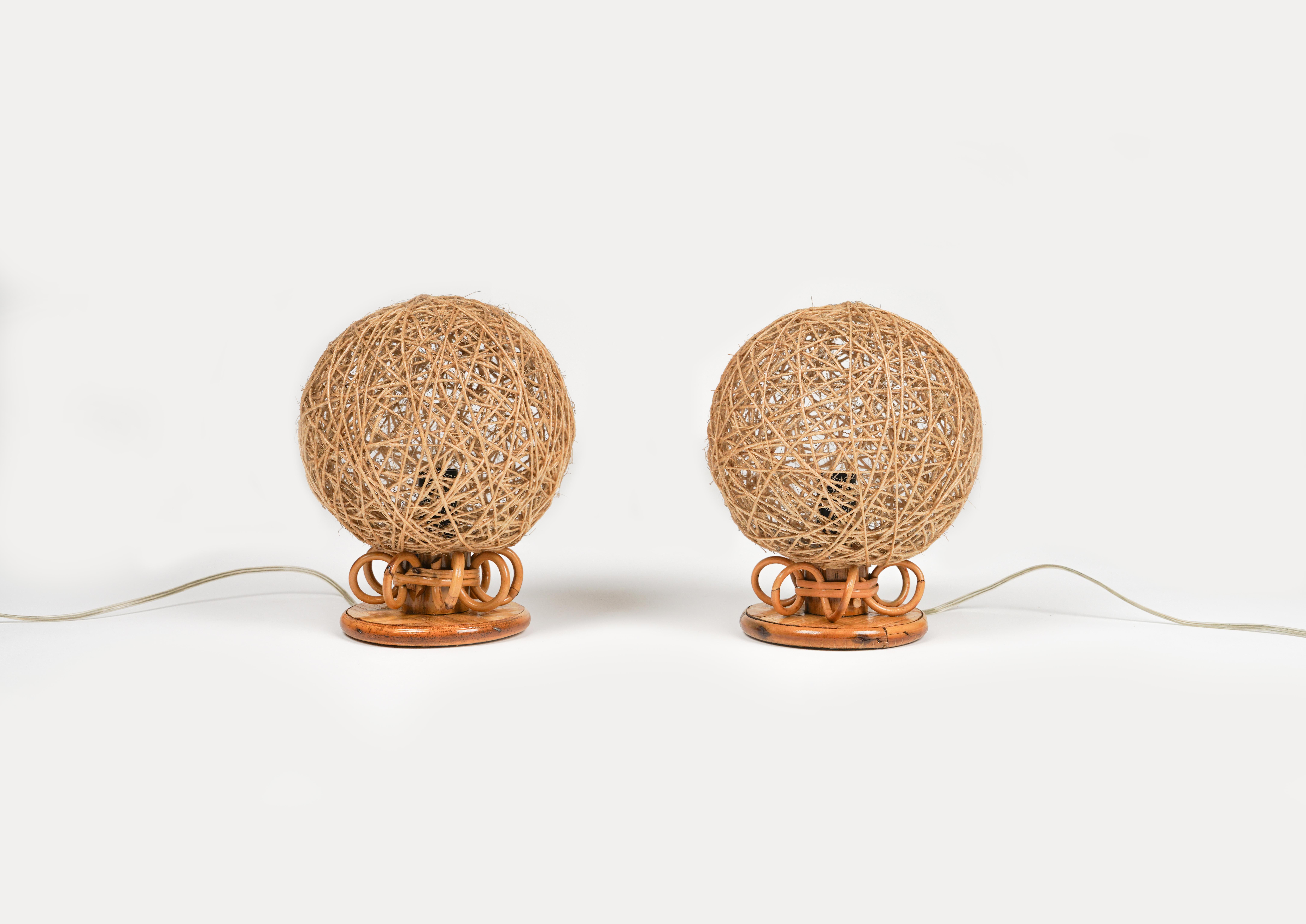 Italian Midcentury Rattan and Rope Pair of Table Lamps, Italy 1970s For Sale