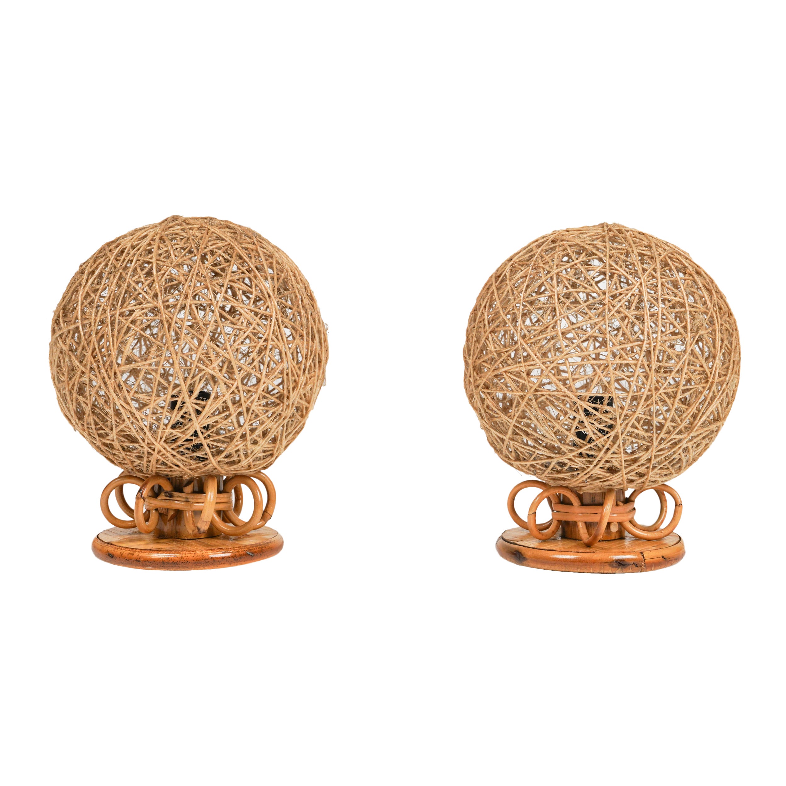 Midcentury Rattan and Rope Pair of Table Lamps, Italy 1970s