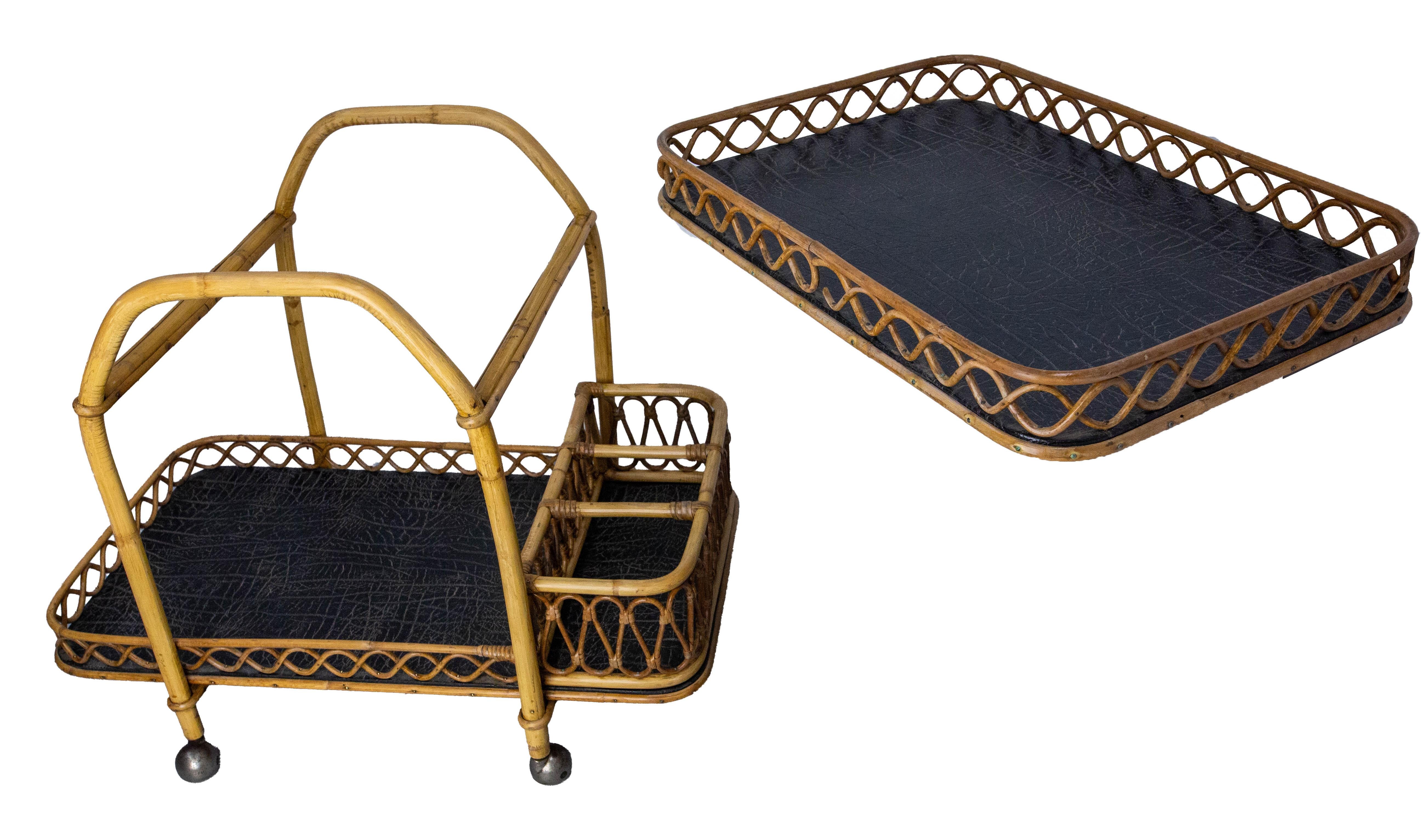 Barwagen aus Rattan und Skai aus der Jahrhundertmitte, um 1950 im Angebot 1