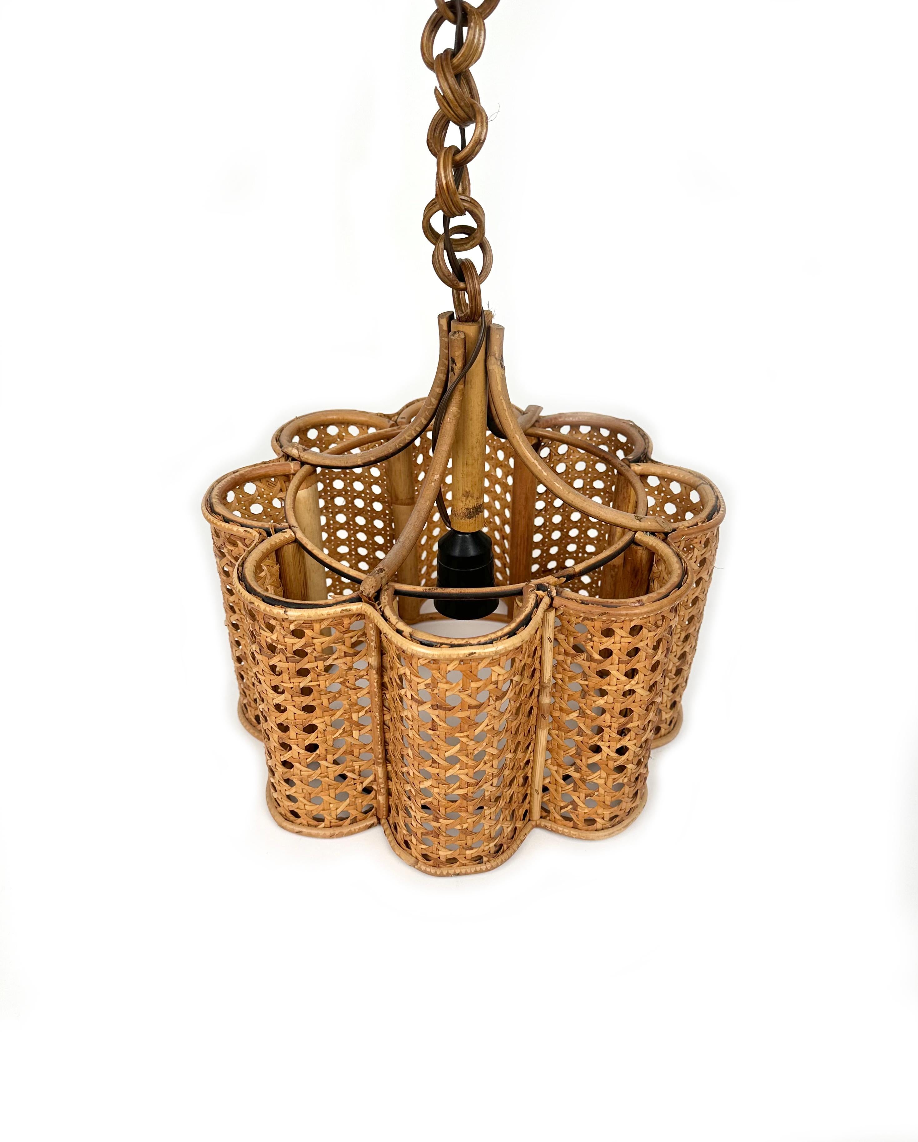 Bamboo Midcentury Rattan and Wicker Chandelier, Italy 1960s