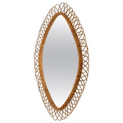 Midcentury Rattan and Wicker Oval Wall Mirror, Italy 1960s