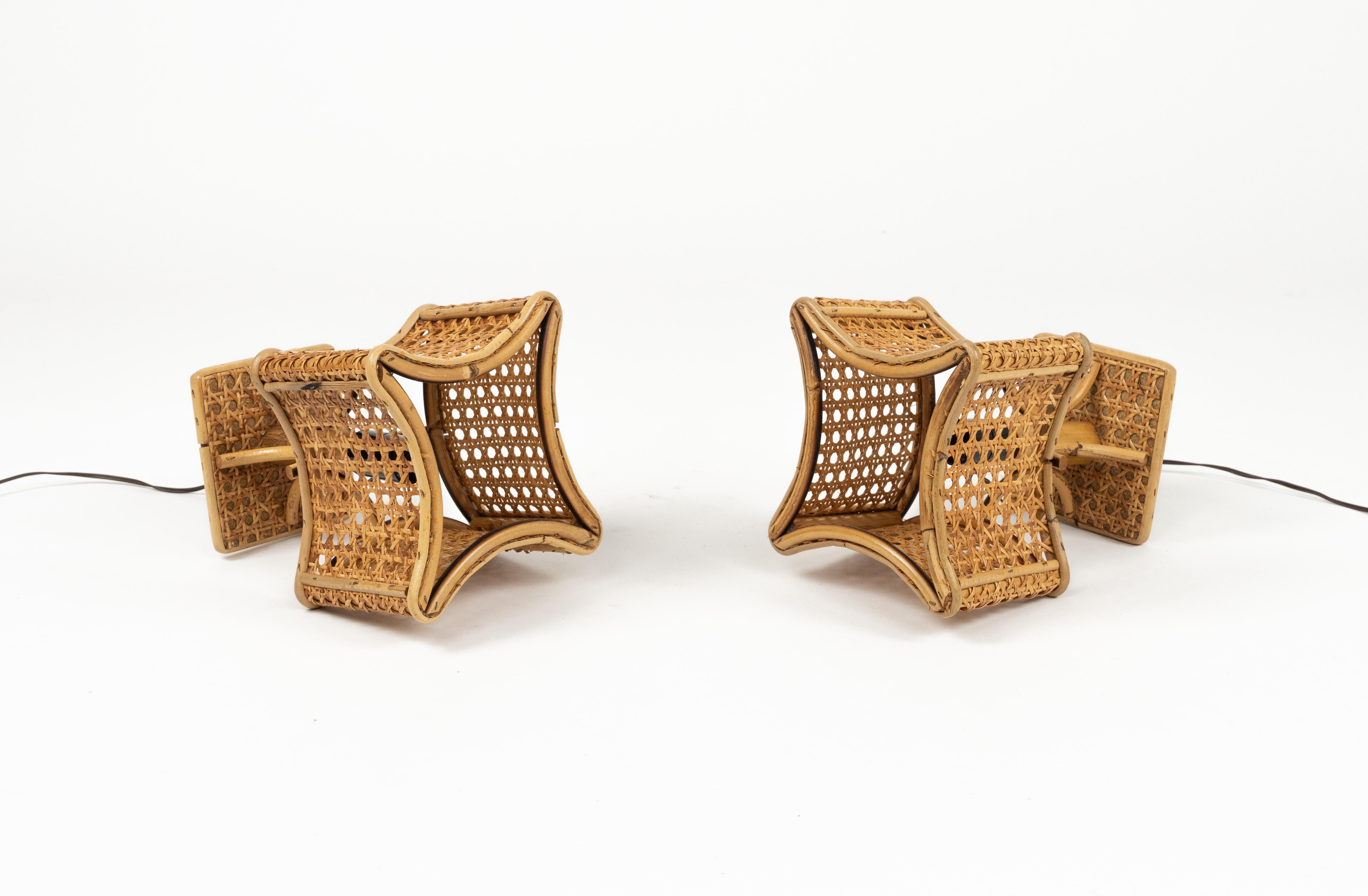 Midcentury Rattan and Wicker Pair of Table Lamps Louis Sognot Style, Italy 1960s For Sale 5