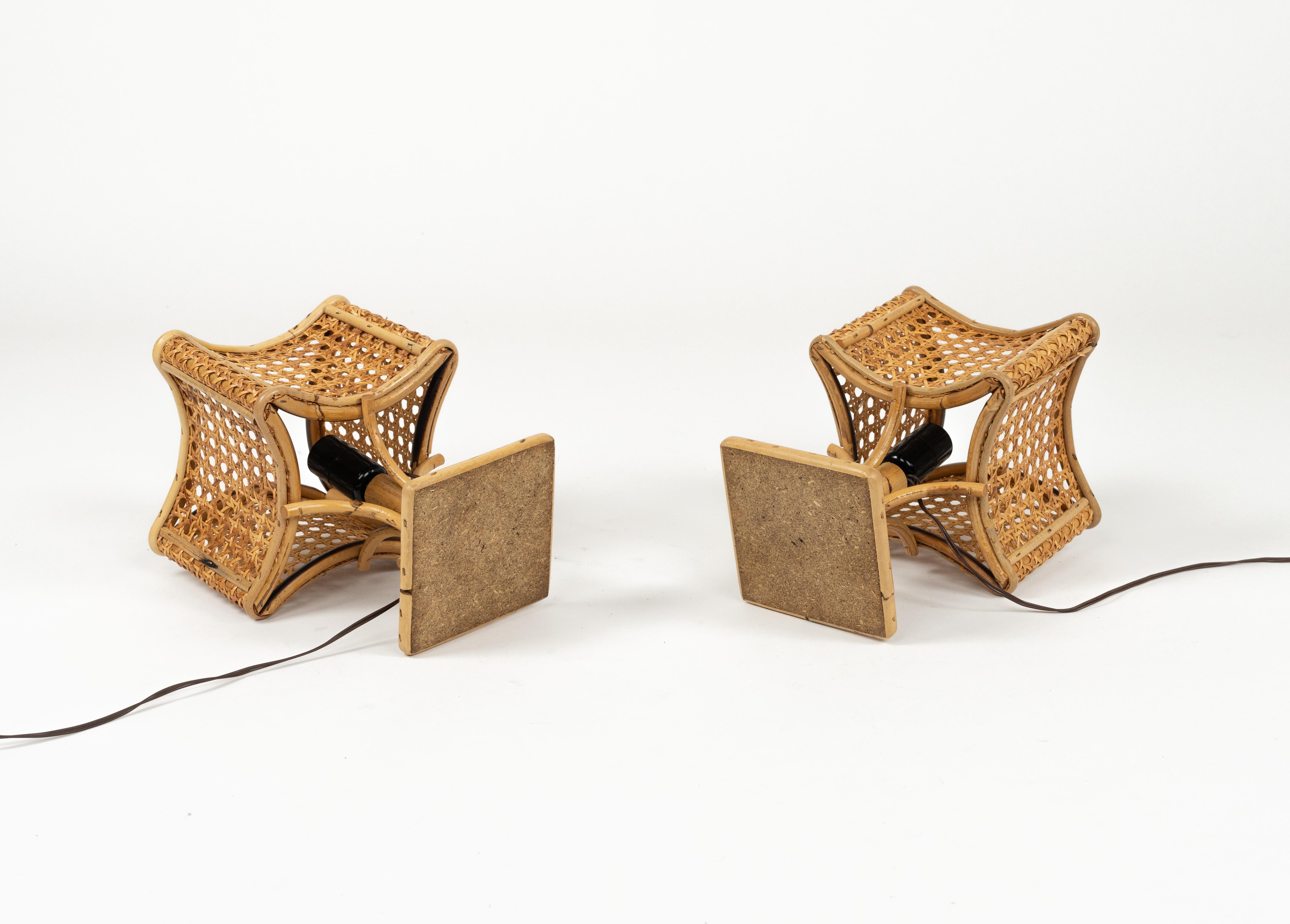 Midcentury Rattan and Wicker Pair of Table Lamps Louis Sognot Style, Italy 1960s For Sale 6