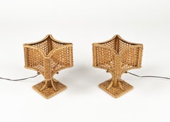 Midcentury Rattan and Wicker Pair of Table Lamps Louis Sognot Style, Italy 1960s