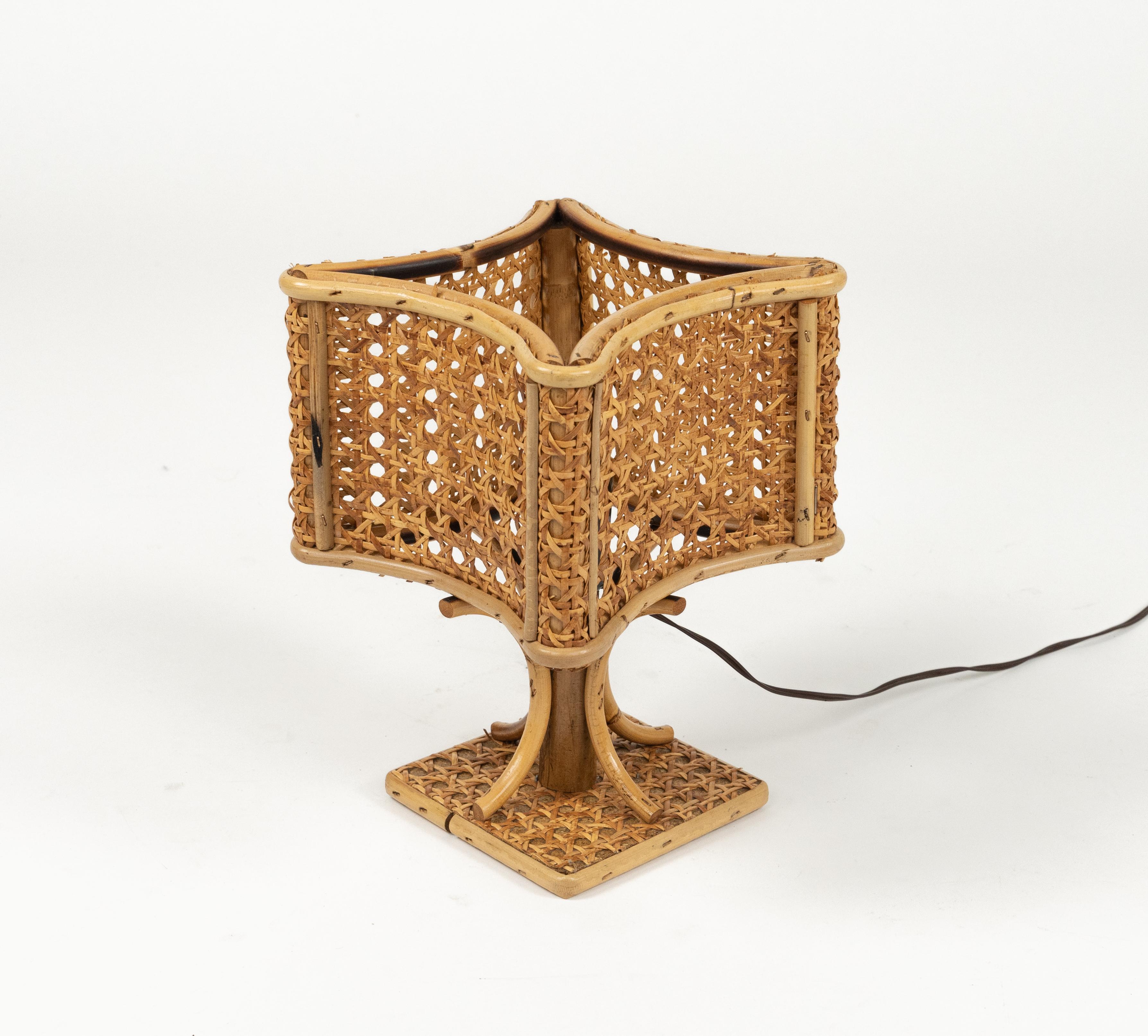 Mid-20th Century Midcentury Rattan and Wicker Pair of Table Lamps Louis Sognot Style, Italy 1960s For Sale