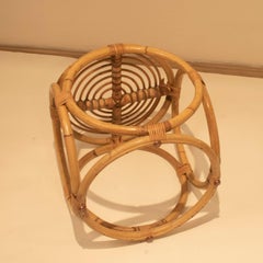 Midcentury Rattan and Wicker Round Pouf Stool, Spain, 1970s