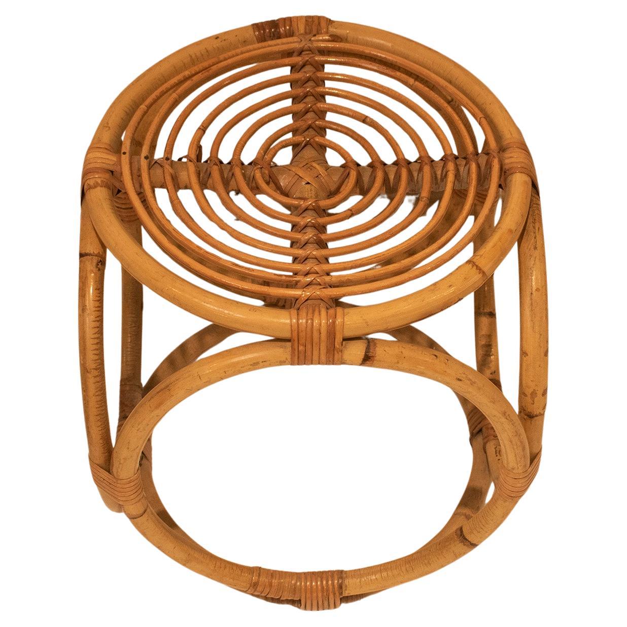 Midcentury Rattan and Wicker Round Pouf Stool, Spain, 1970s