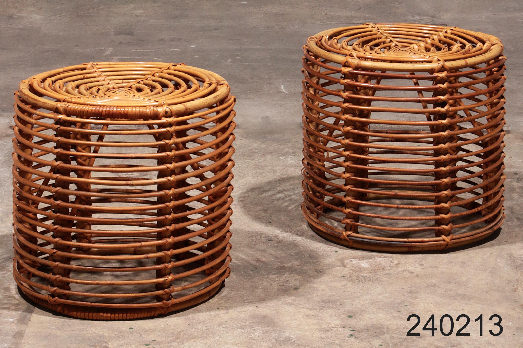 Midcentury Rattan and Wicker Round Pouf Stool, Tito Agnoli, Italy, 1970s 4