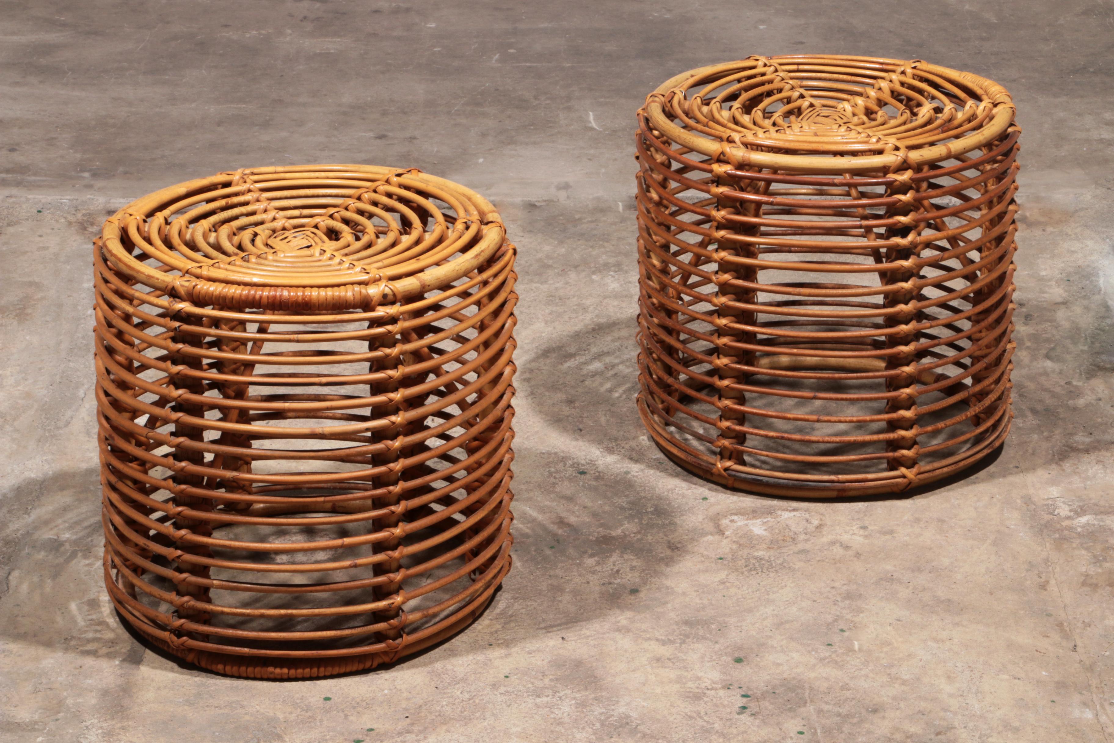 Bohemian Midcentury Rattan and Wicker Round Pouf Stool, Tito Agnoli, Italy, 1970s