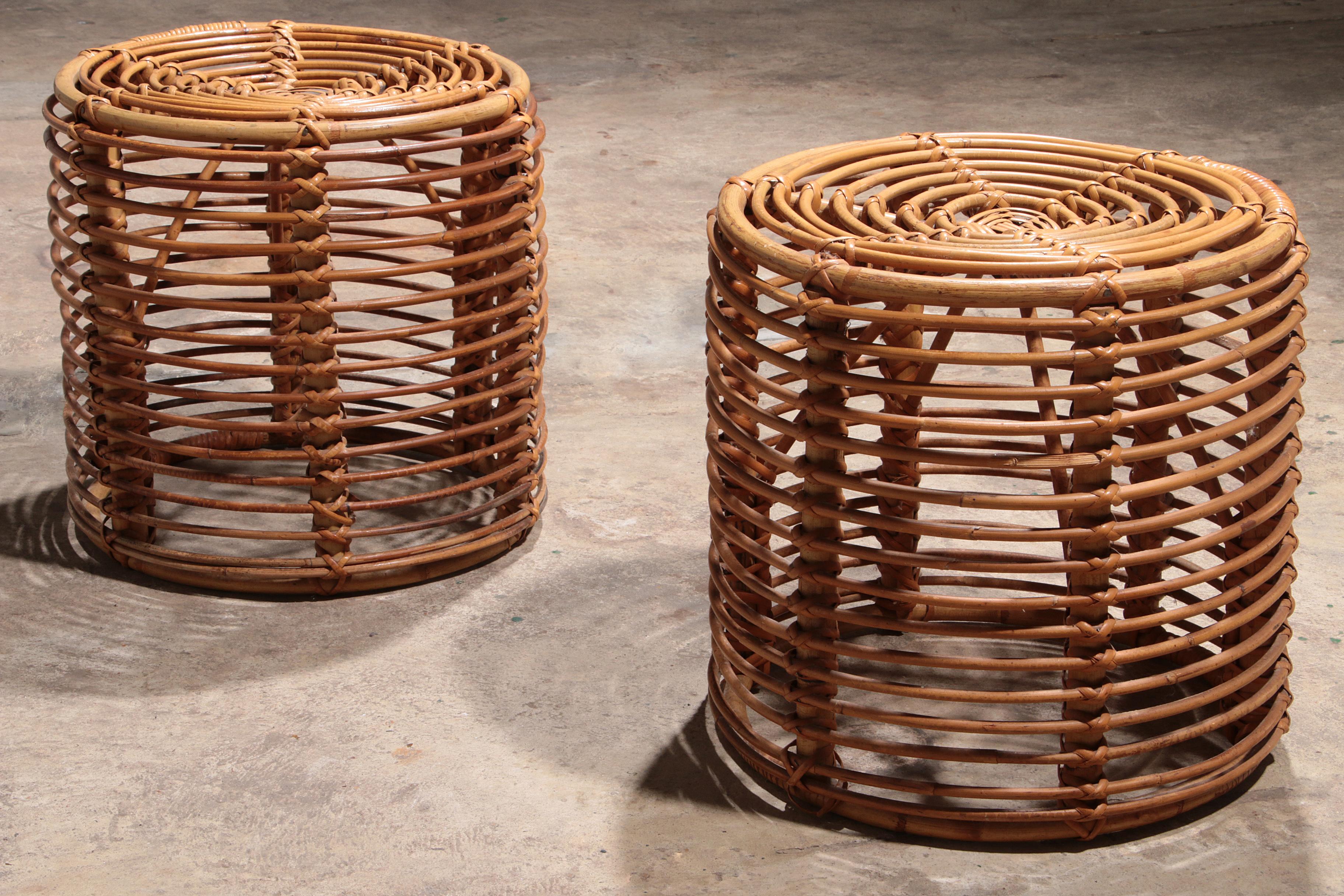 Italian Midcentury Rattan and Wicker Round Pouf Stool, Tito Agnoli, Italy, 1970s