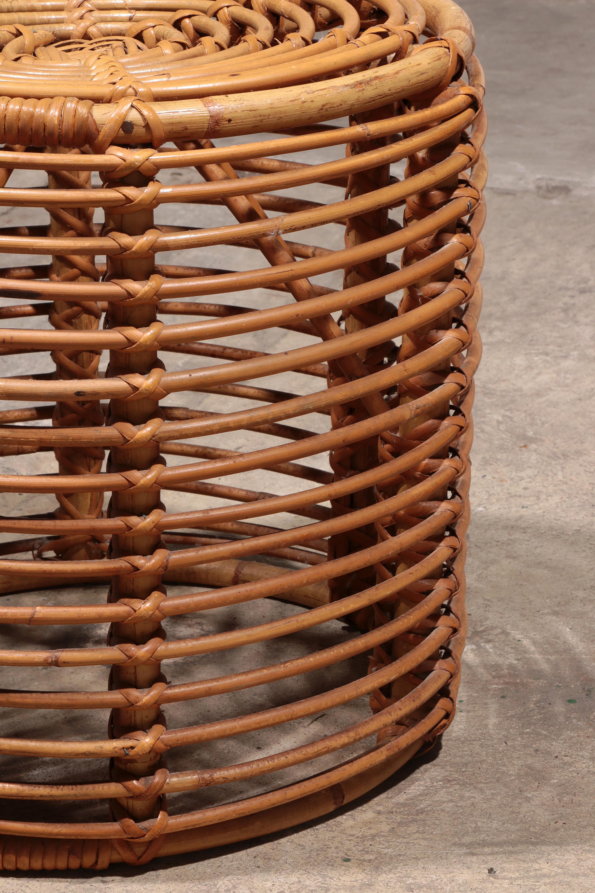 Midcentury Rattan and Wicker Round Pouf Stool, Tito Agnoli, Italy, 1970s In Excellent Condition In Oirlo, LI