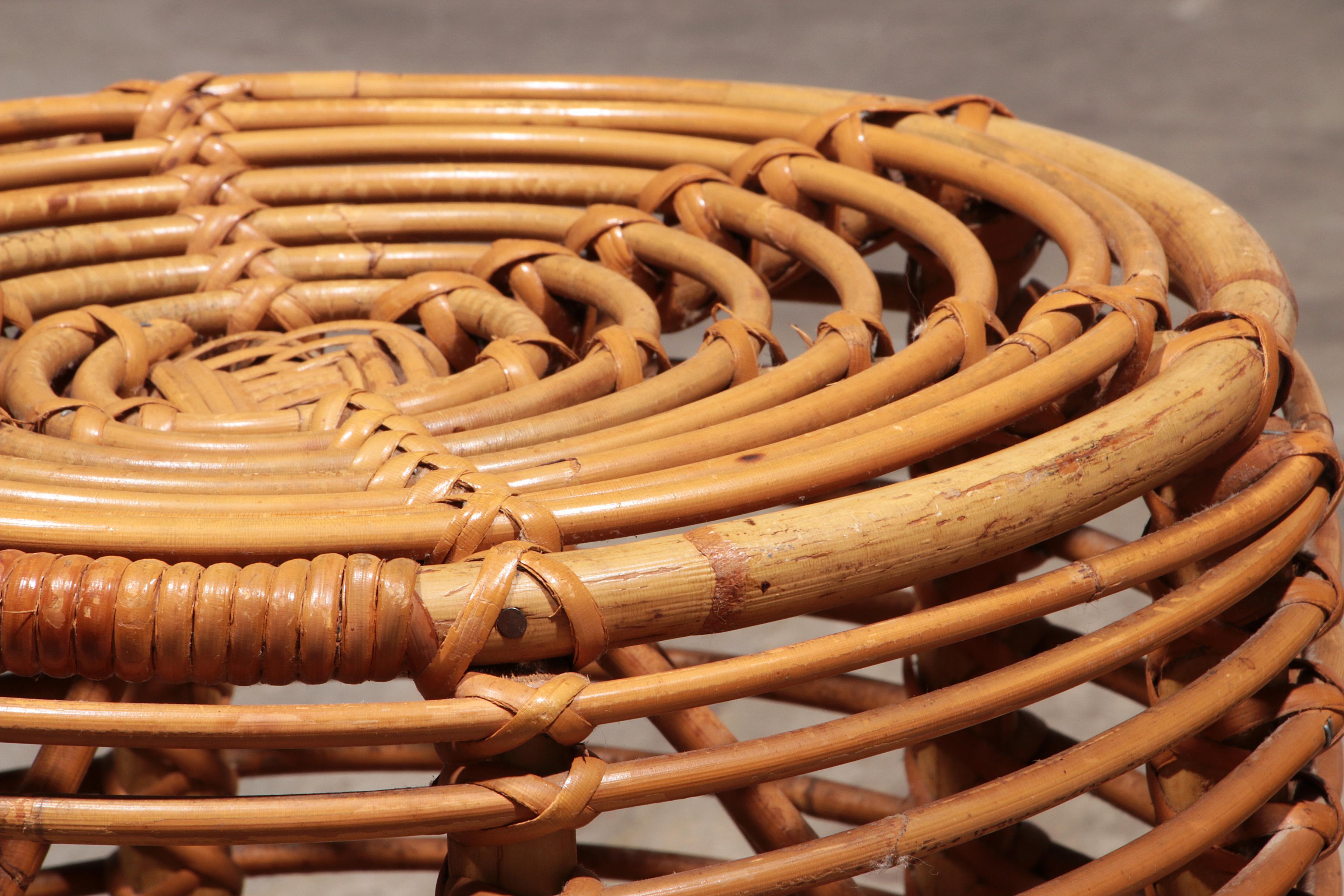 Late 20th Century Midcentury Rattan and Wicker Round Pouf Stool, Tito Agnoli, Italy, 1970s