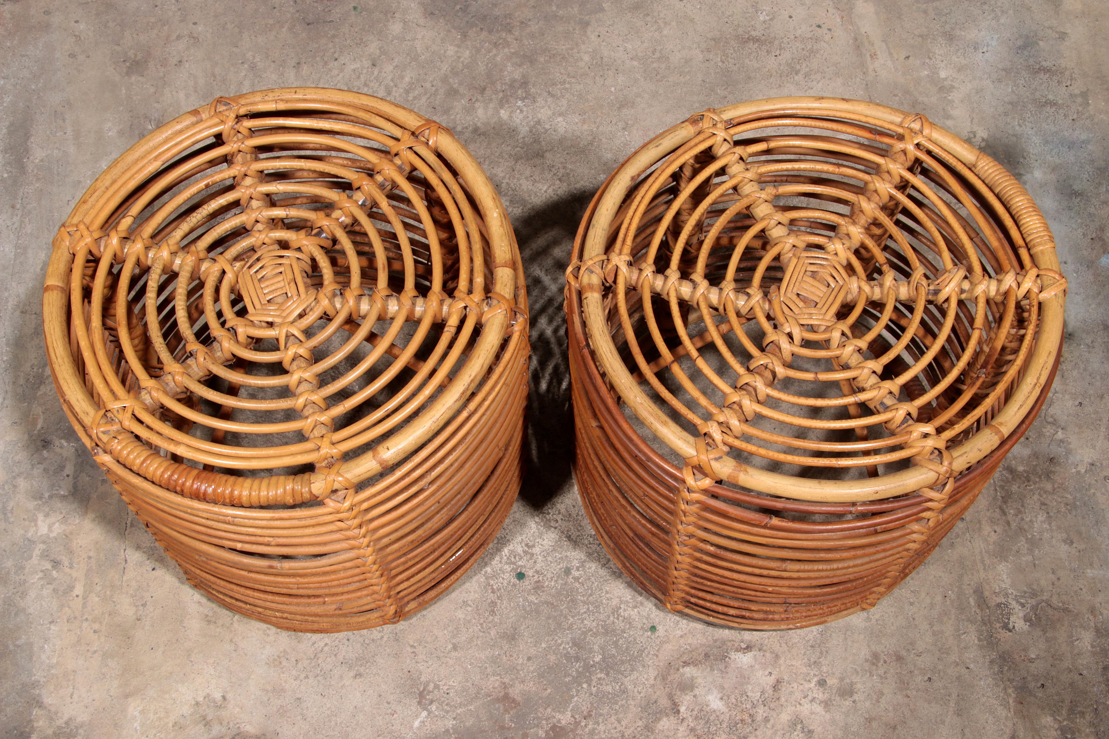 Bamboo Midcentury Rattan and Wicker Round Pouf Stool, Tito Agnoli, Italy, 1970s
