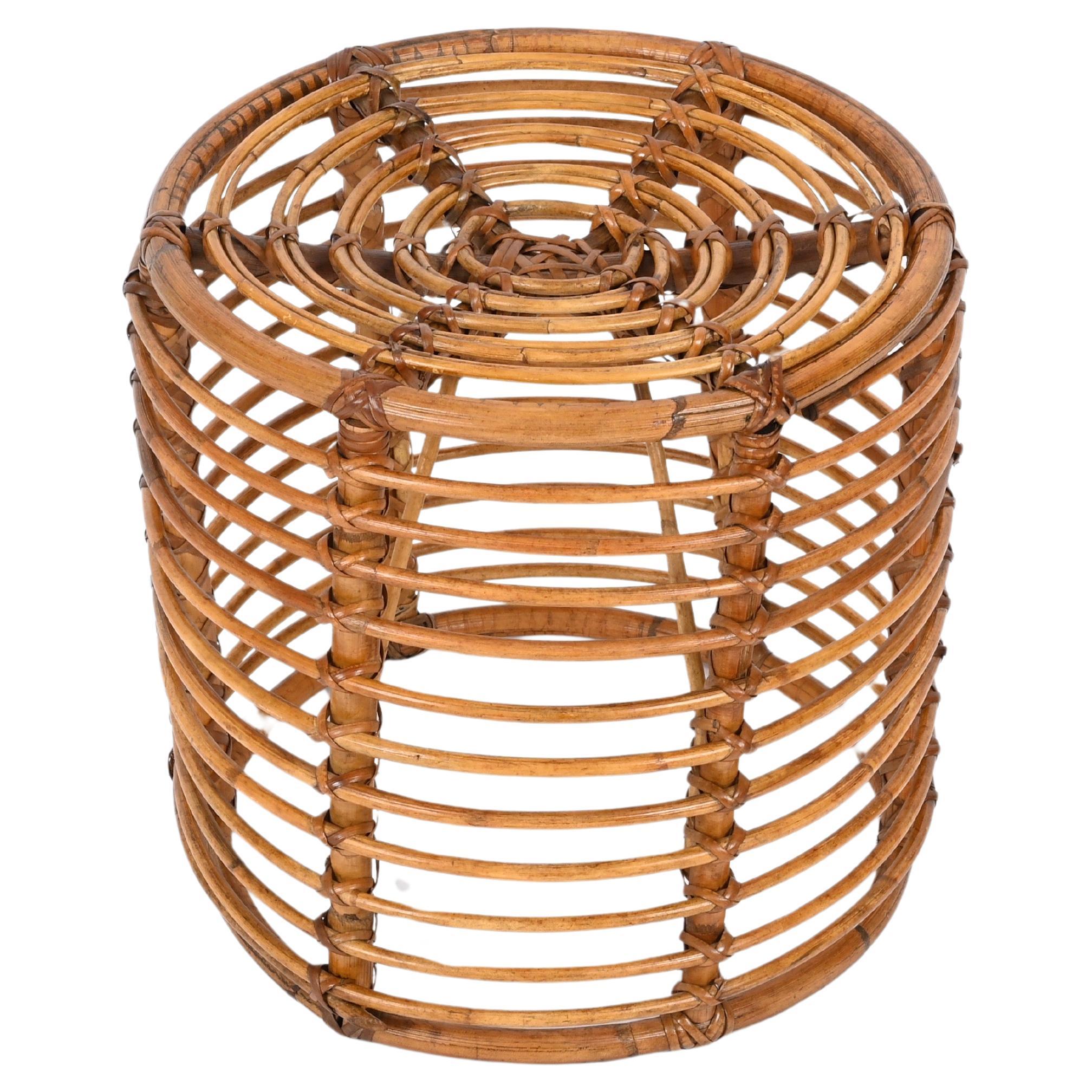 Midcentury Rattan and Wicker Round Pouf Stool, Tito Agnoli, Italy, 1970s