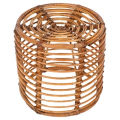 Midcentury Rattan and Wicker Round Pouf Stool, Tito Agnoli, Italy, 1970s