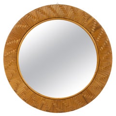 Midcentury Rattan and Wicker Round Wall Mirror Vivai Del Sud Style, Italy 1970s