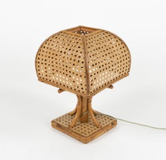 Midcentury Rattan and Wicker Table Lamp Louis Sognot Style, Italy 1960s