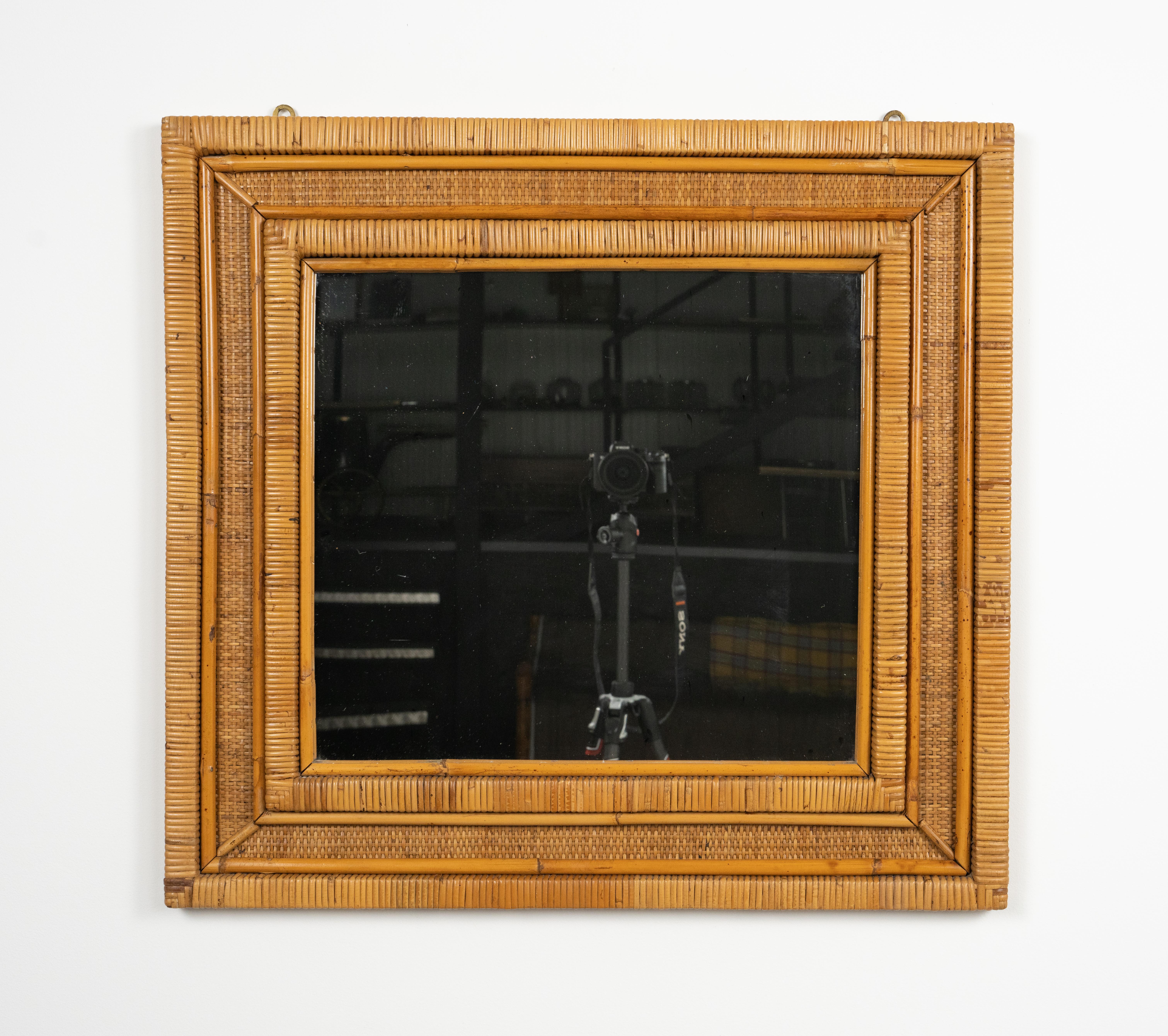 Late 20th Century Midcentury Rattan and Wicker Wall Mirror, Italy 1970s For Sale