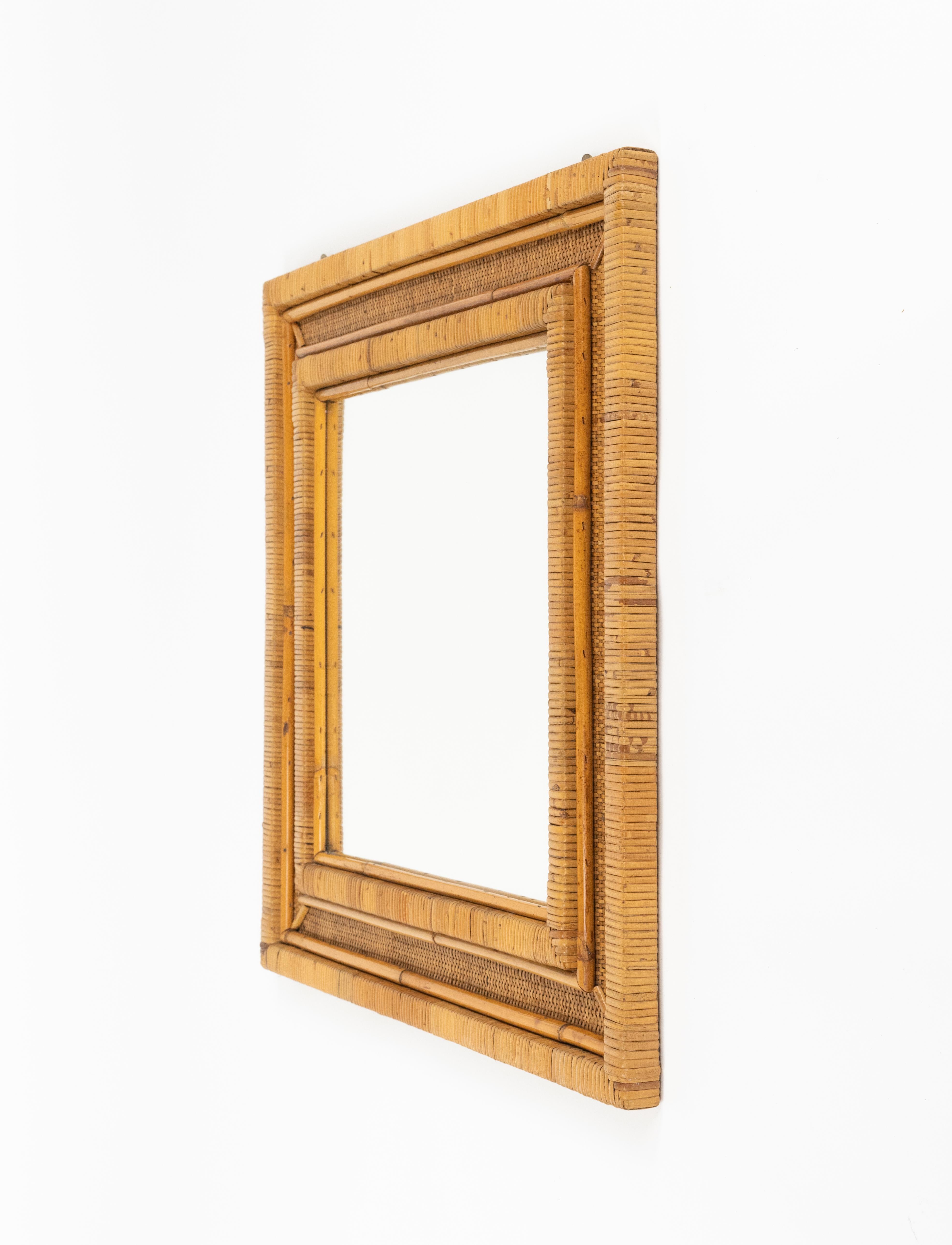 Midcentury Rattan and Wicker Wall Mirror, Italy 1970s For Sale 1