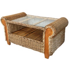 Midcentury Rattan and Wood Coffee Table