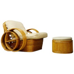 Midcentury Rattan Armchairs with Ottoman in the Style of Paul Frenckl, 1950s