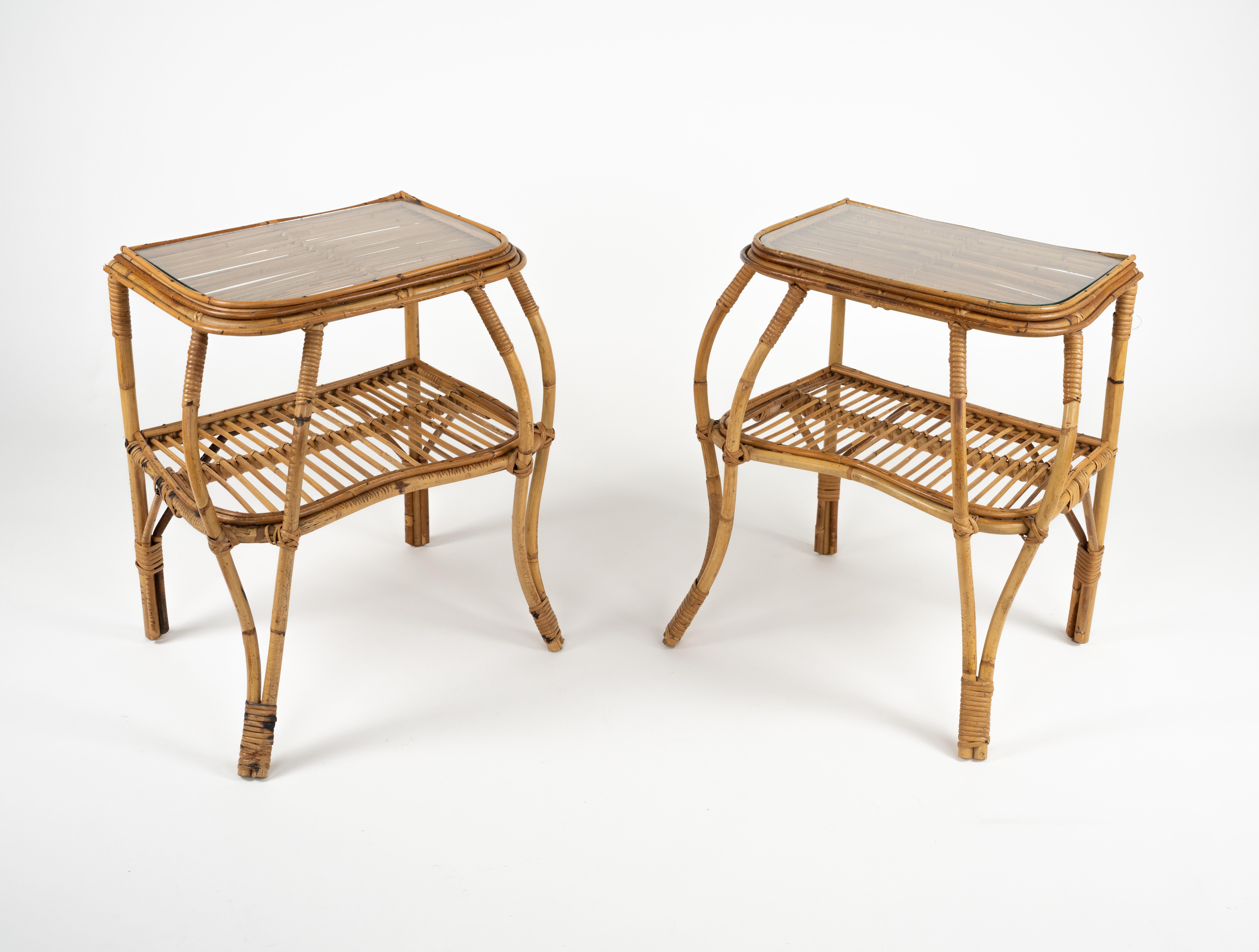 Midcentury Rattan, Bamboo and Glass Pair of Side Tables, Italy 1960s 4