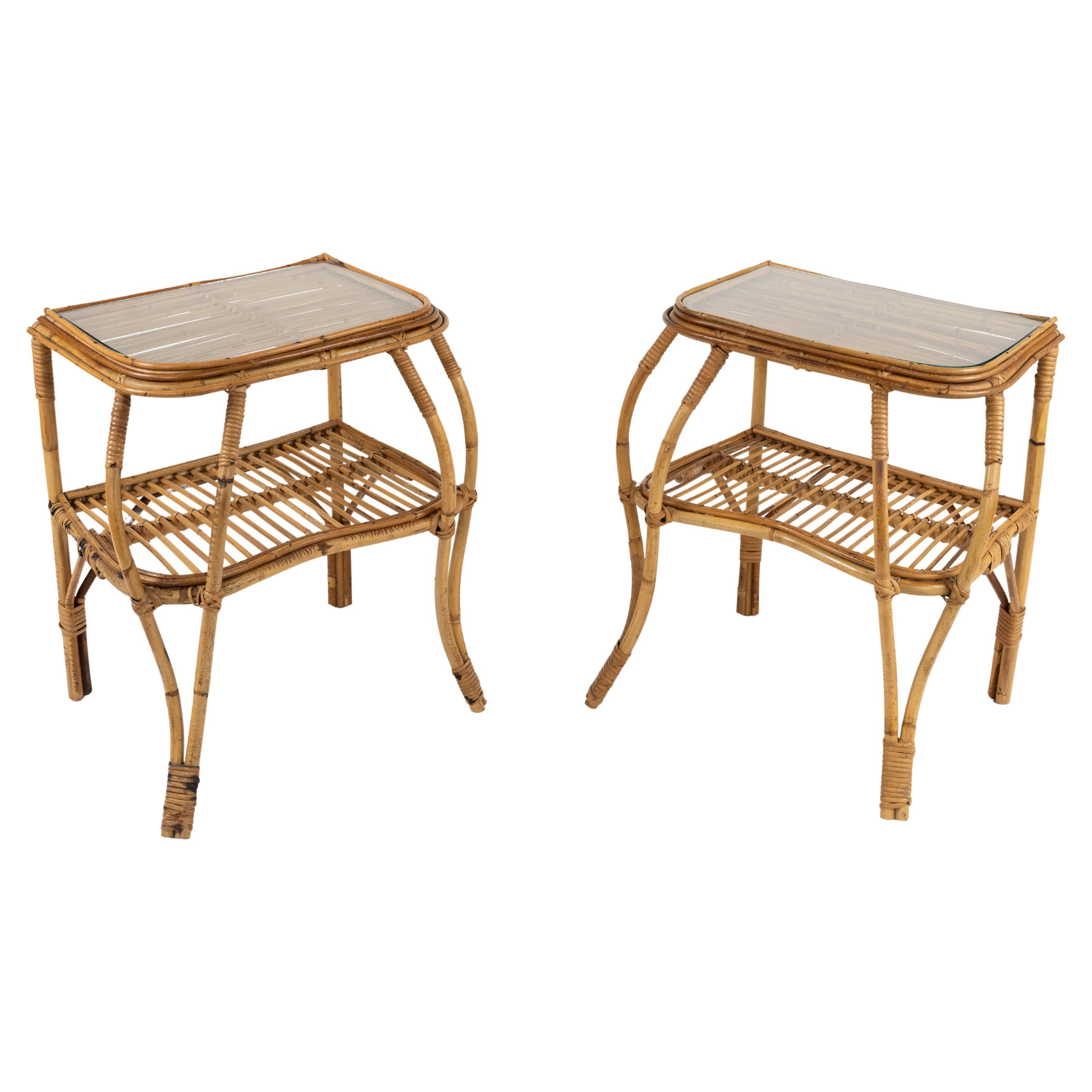 Midcentury Rattan, Bamboo and Glass Pair of Side Tables, Italy 1960s 13