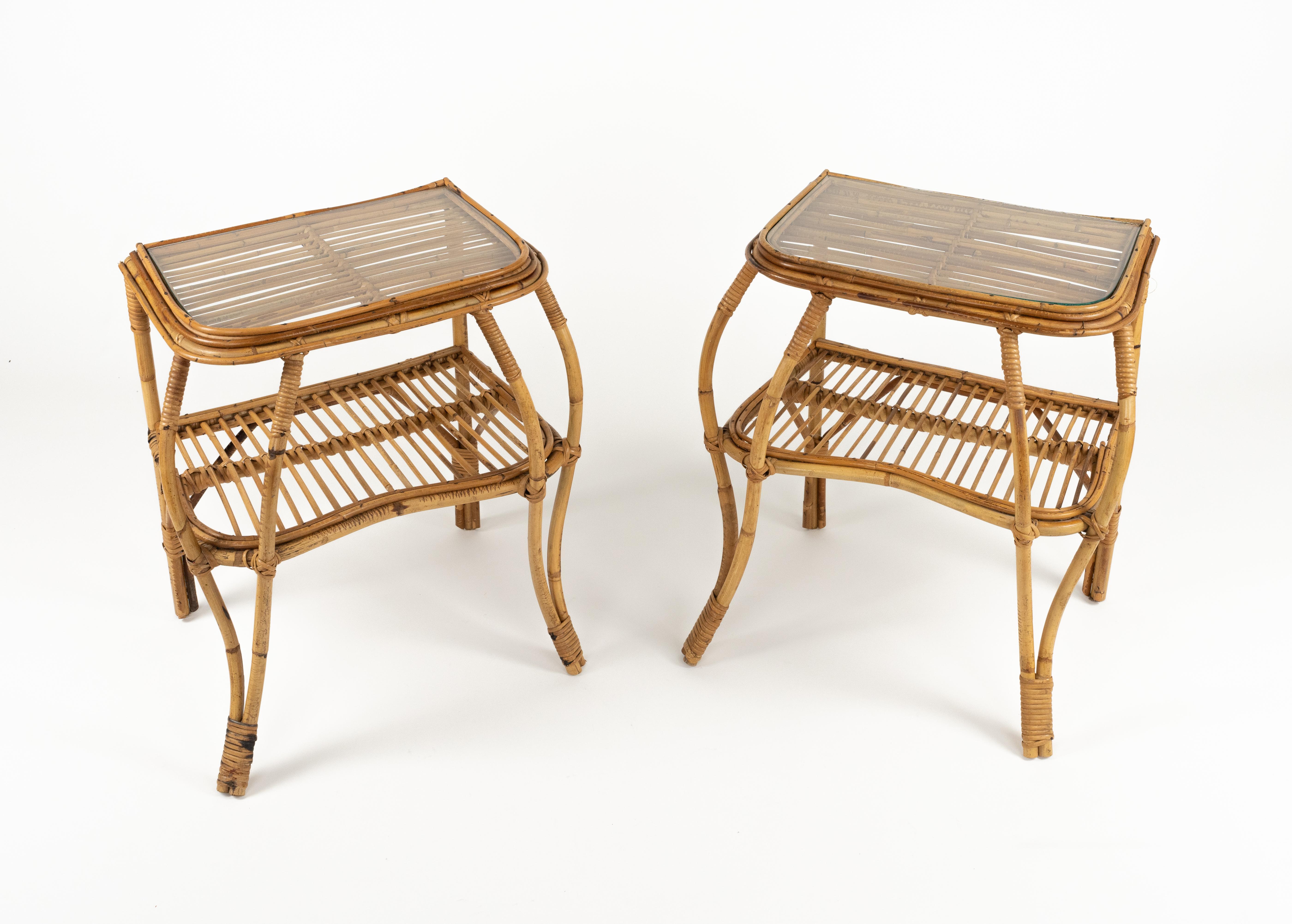 Mid-Century Modern Midcentury Rattan, Bamboo and Glass Pair of Side Tables, Italy 1960s