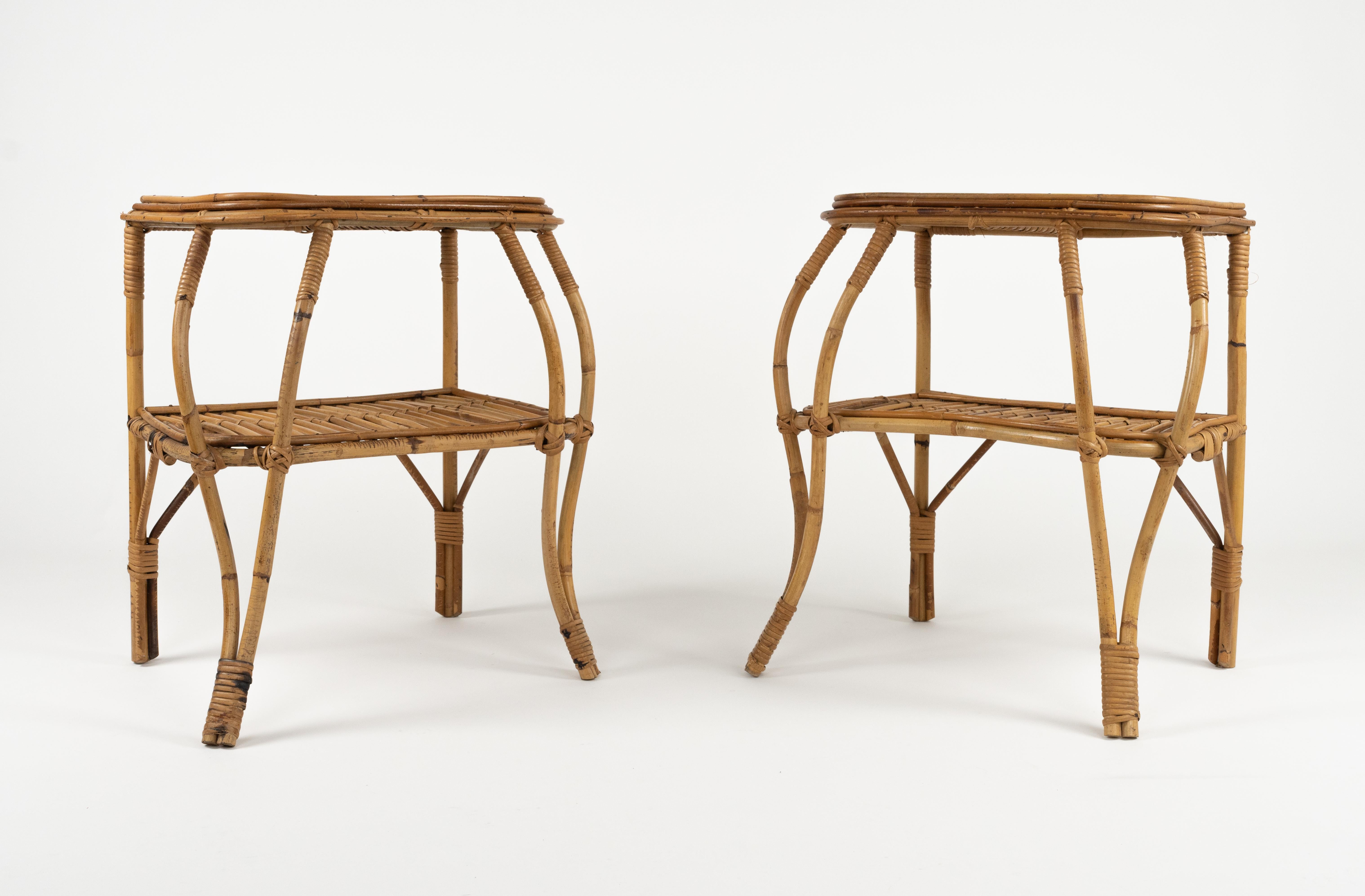 Italian Midcentury Rattan, Bamboo and Glass Pair of Side Tables, Italy 1960s