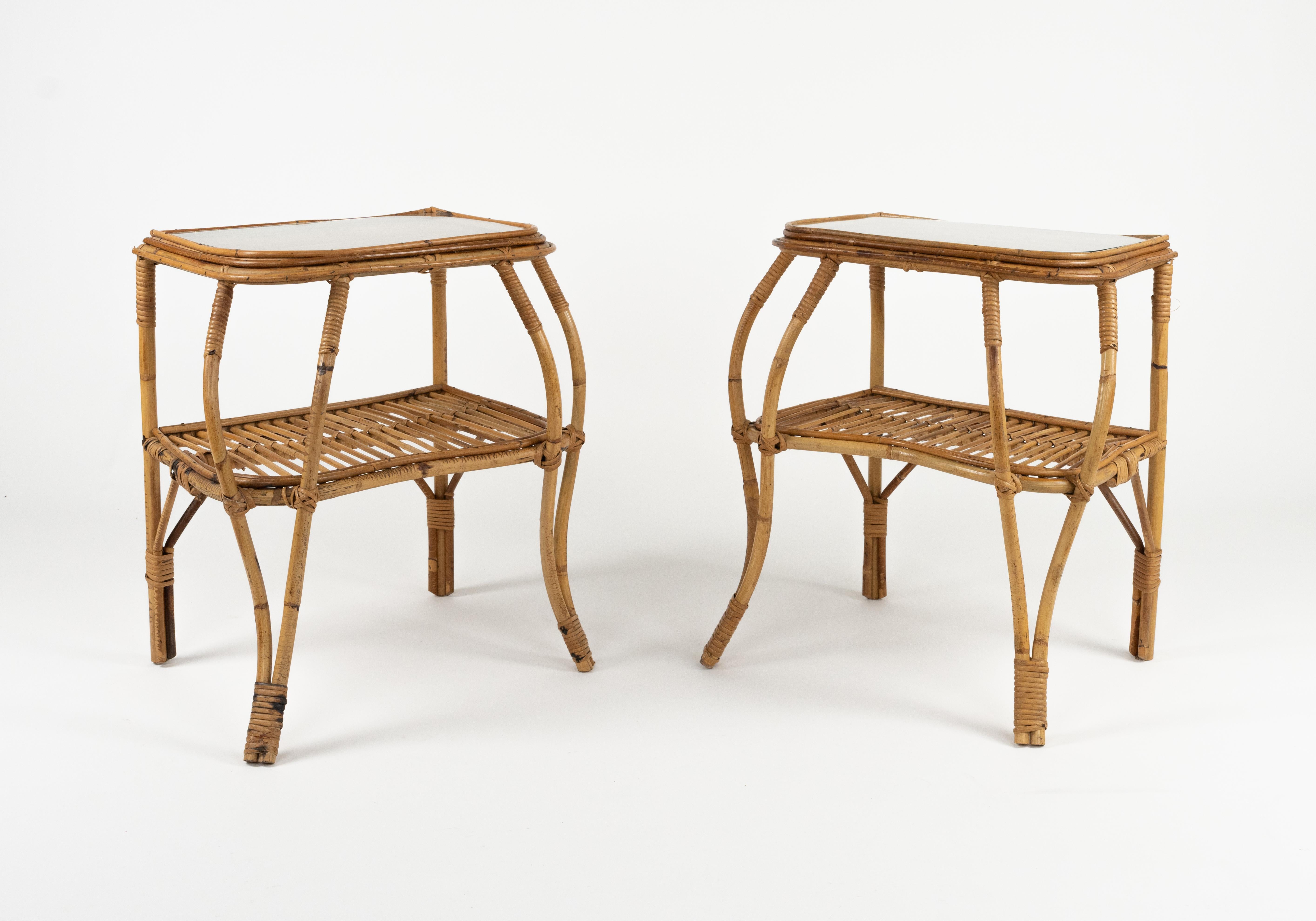 Midcentury Rattan, Bamboo and Glass Pair of Side Tables, Italy 1960s In Good Condition In Rome, IT