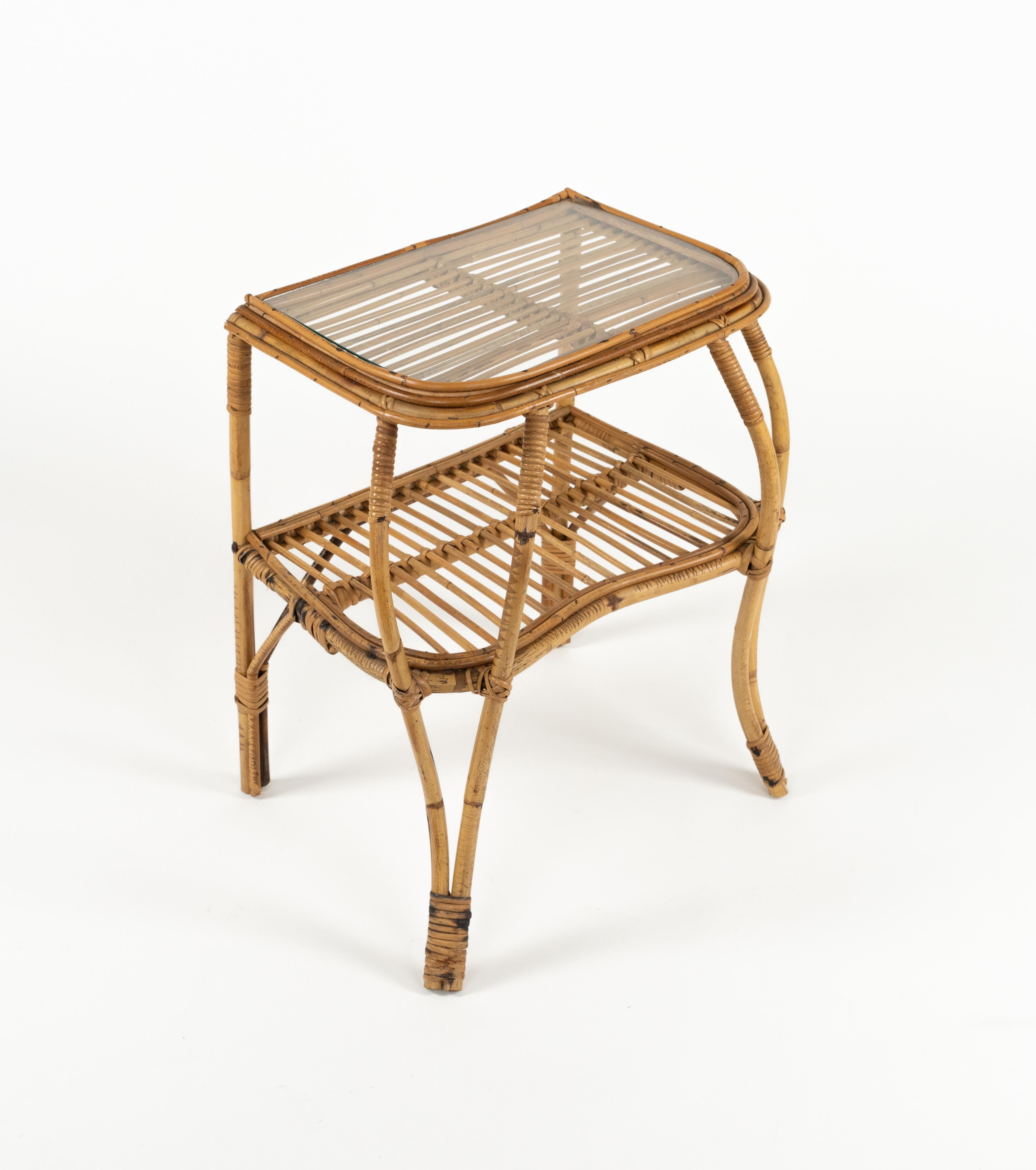 Mid-20th Century Midcentury Rattan, Bamboo and Glass Pair of Side Tables, Italy 1960s