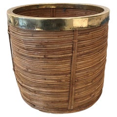 Midcentury Rattan Bamboo and Brass Paper Bin, Cachepots or Planter, 1970s