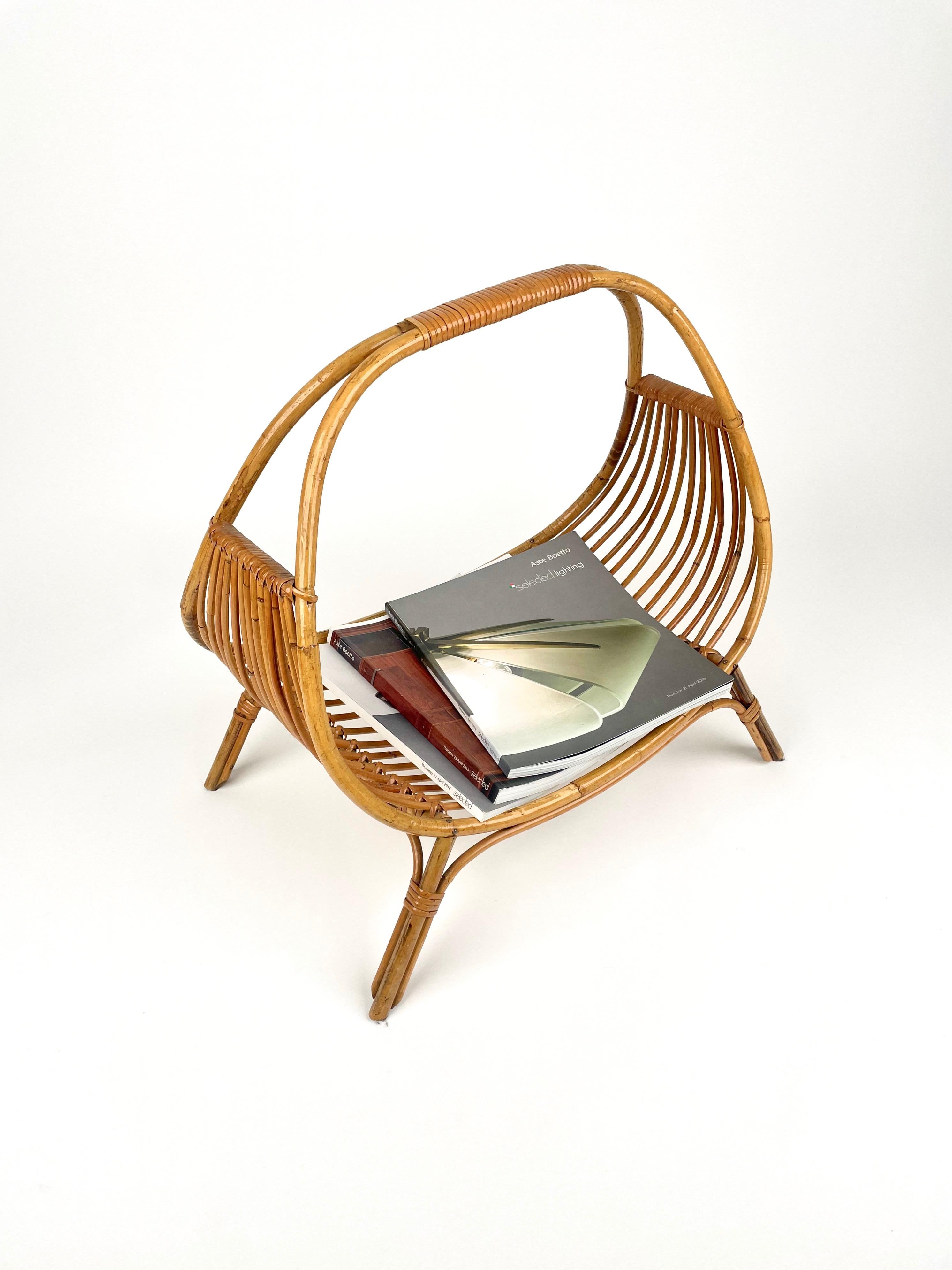 Midcentury Rattan & Bamboo Curved Magazine Rack, Italy 1960s For Sale 4