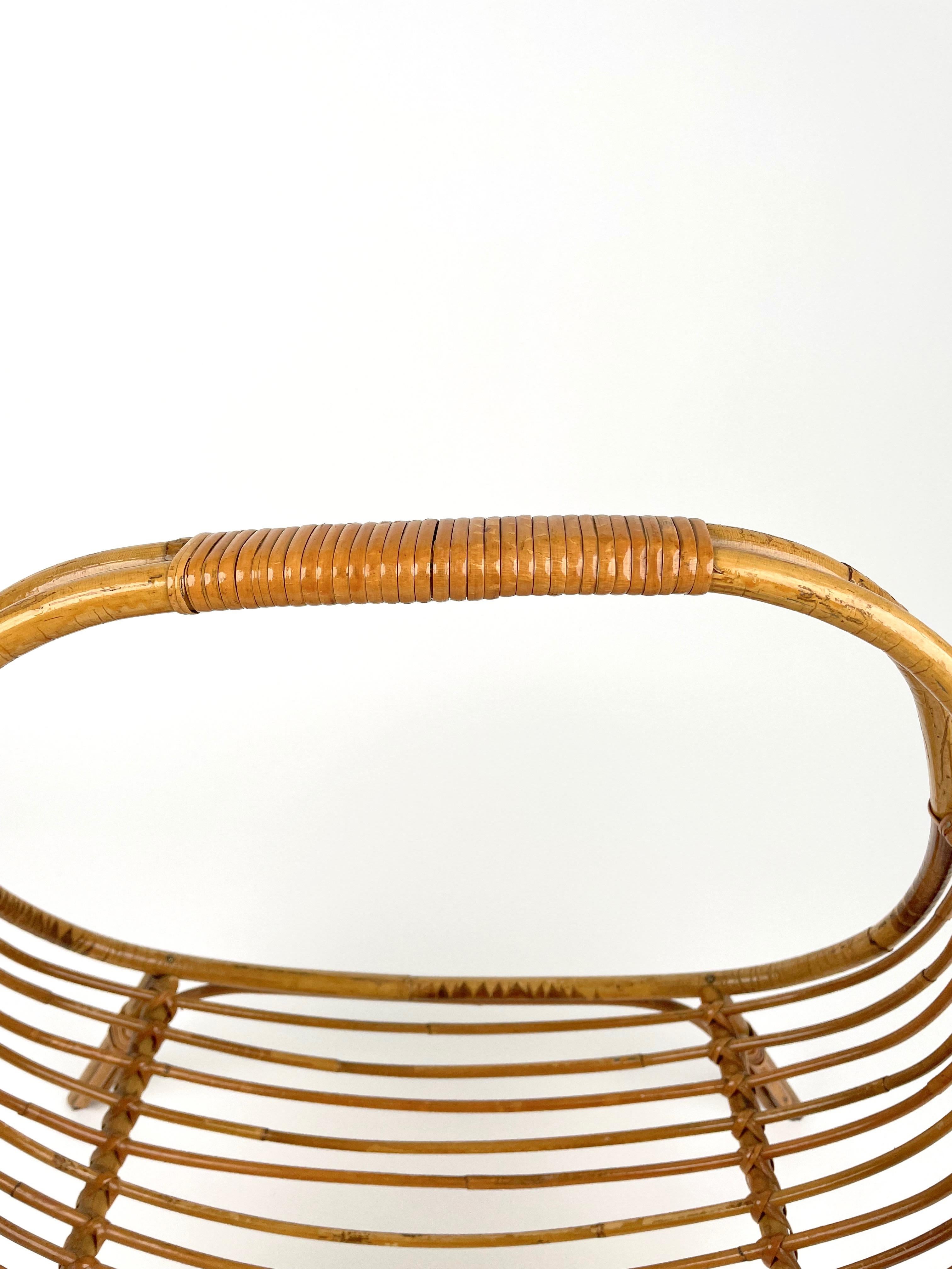 Midcentury Rattan & Bamboo Curved Magazine Rack, Italy 1960s For Sale 8