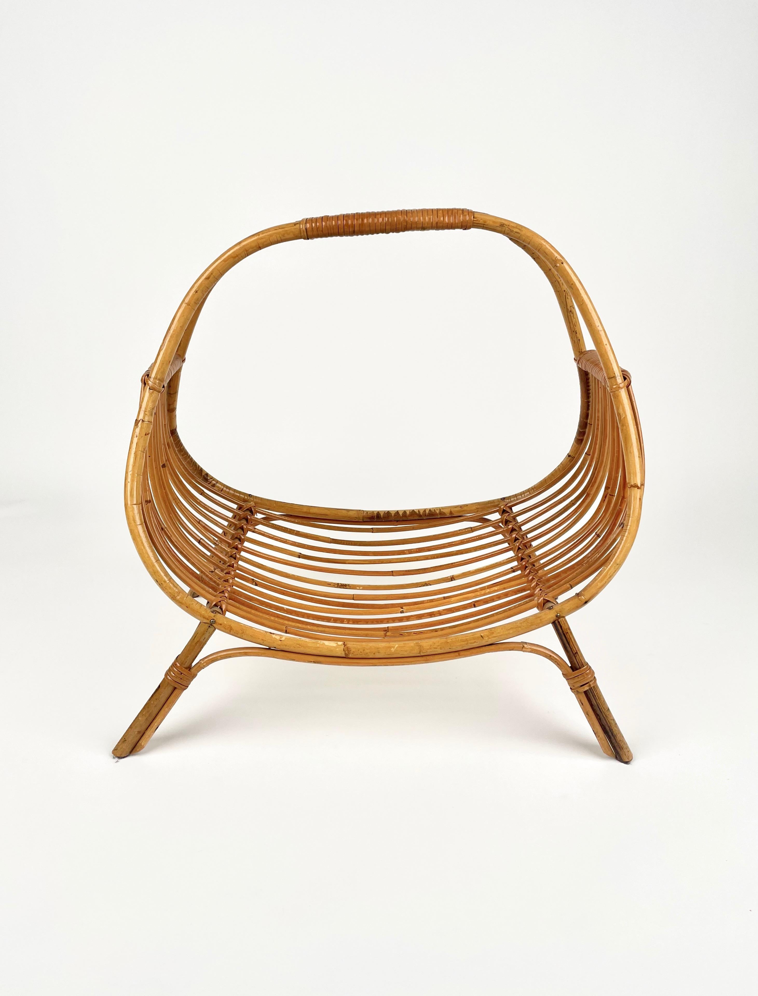 Mid-Century Modern Midcentury Rattan & Bamboo Curved Magazine Rack, Italy 1960s For Sale